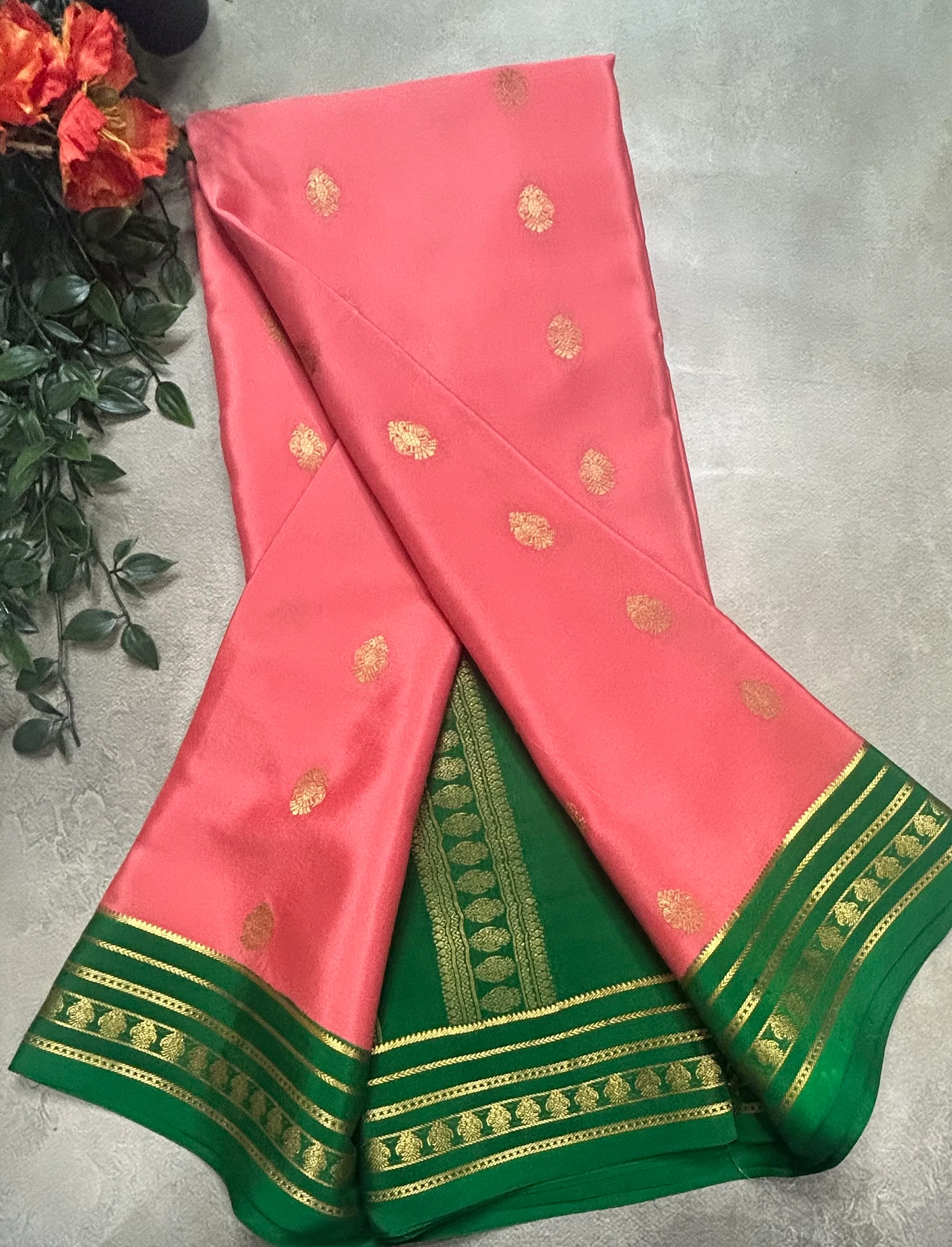 Pastel pink Gandaberunda stripes border pure Mysore silk saree ST105 - Image 2