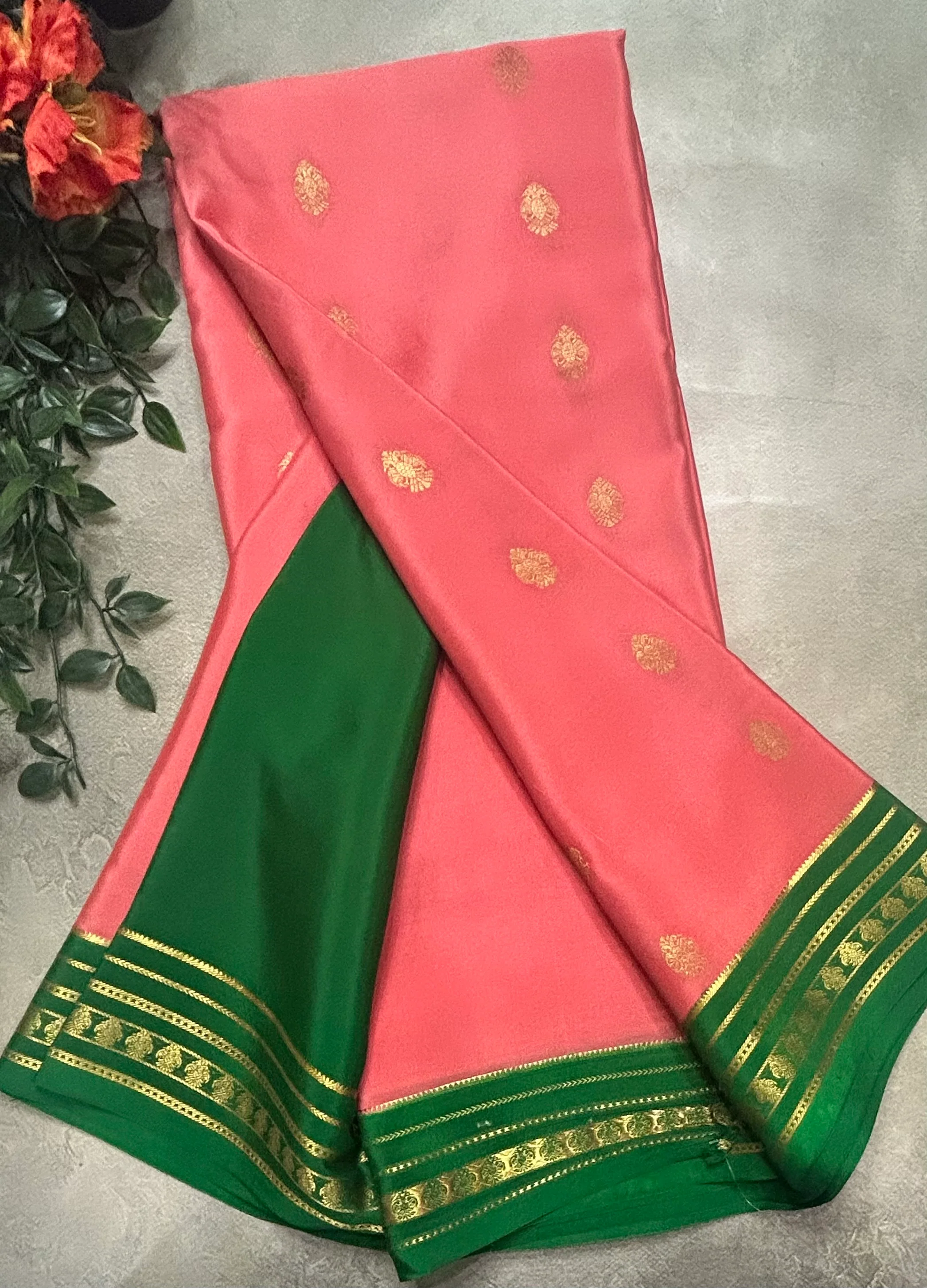 Pastel pink Gandaberunda stripes border pure Mysore silk saree ST105 - Image 3