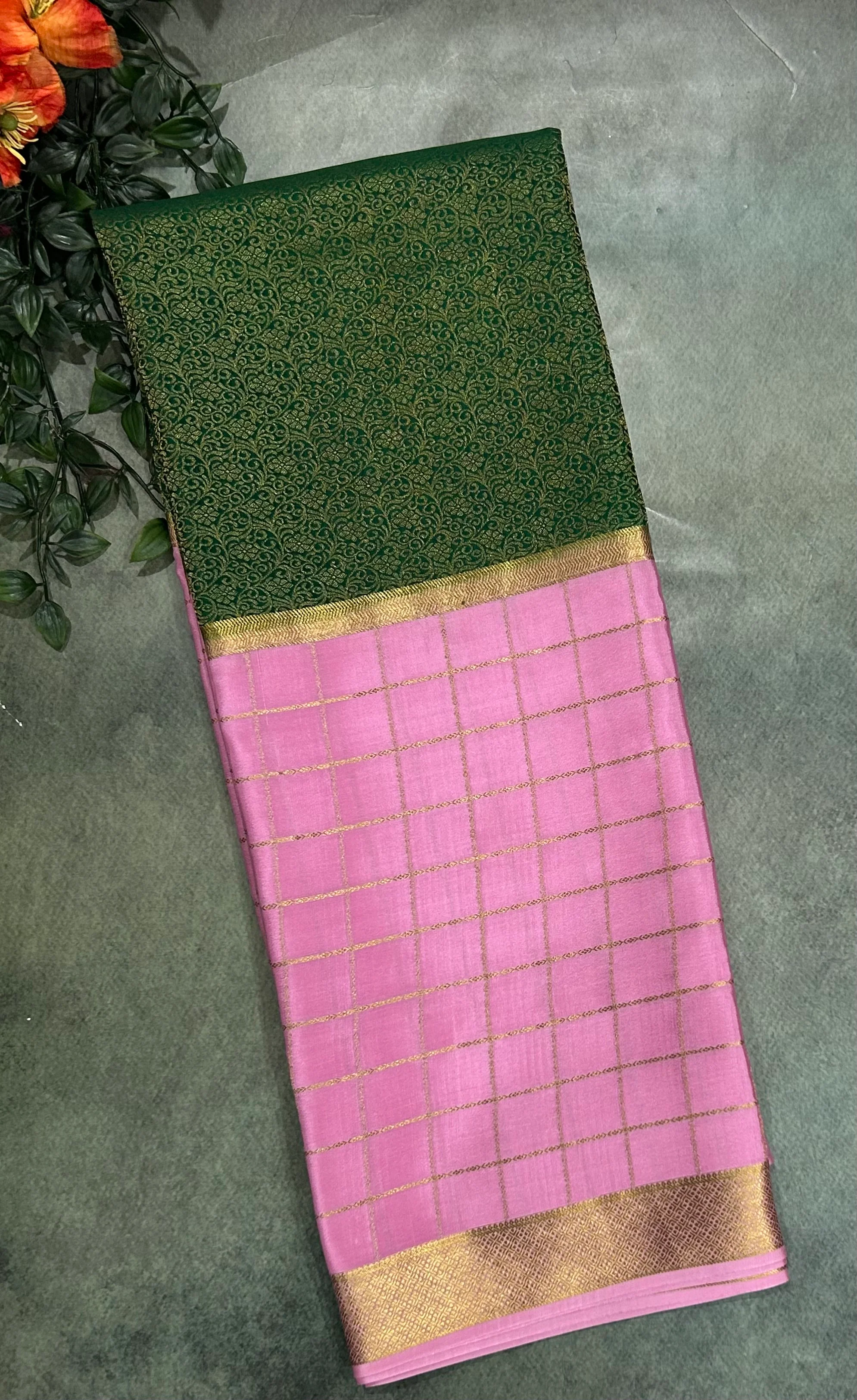 Pastel pink green checks n brocade pure Mysore crepe silk 103 saree