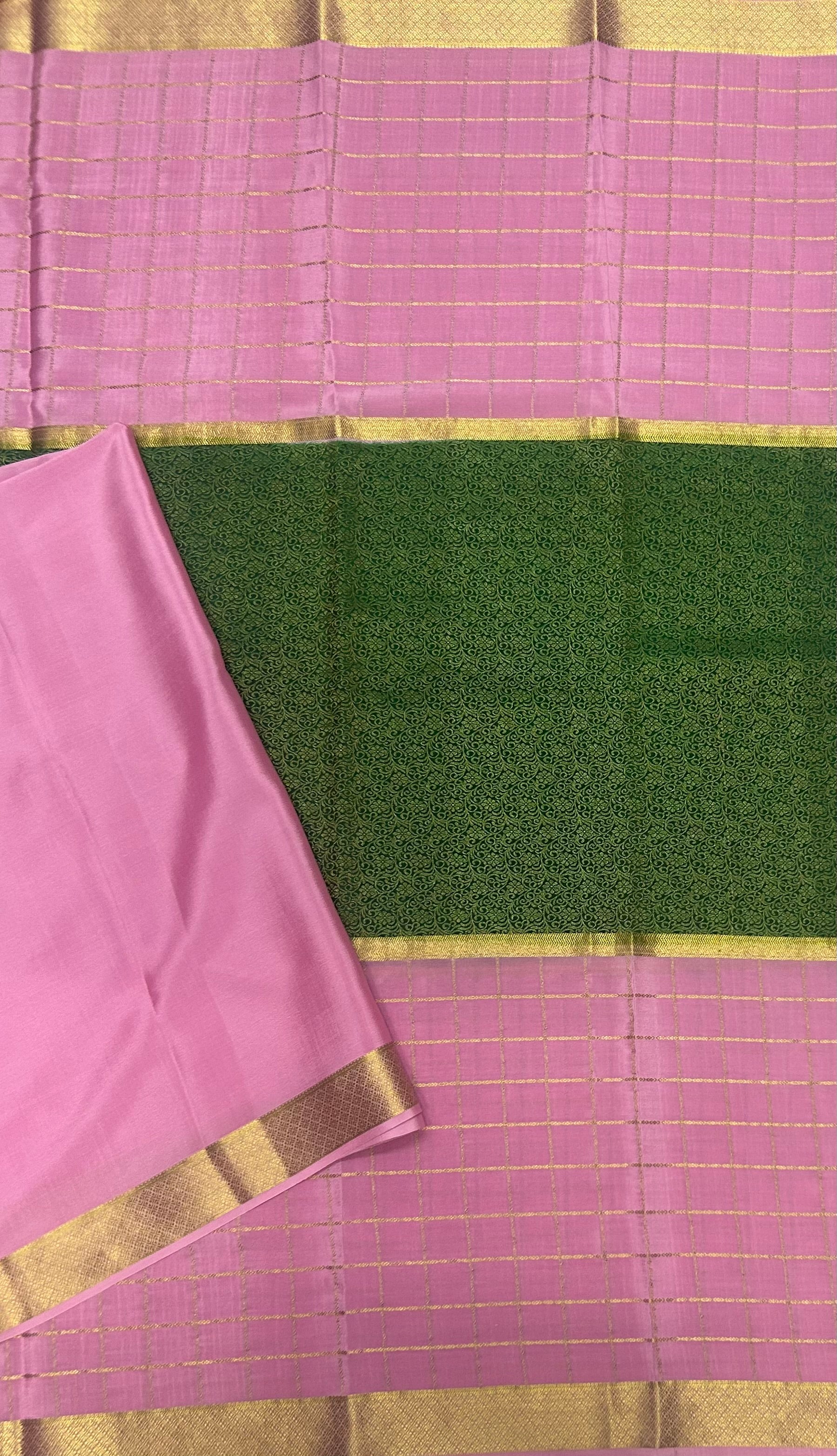 Pastel pink green checks n brocade pure Mysore crepe silk 103 saree - Image 3