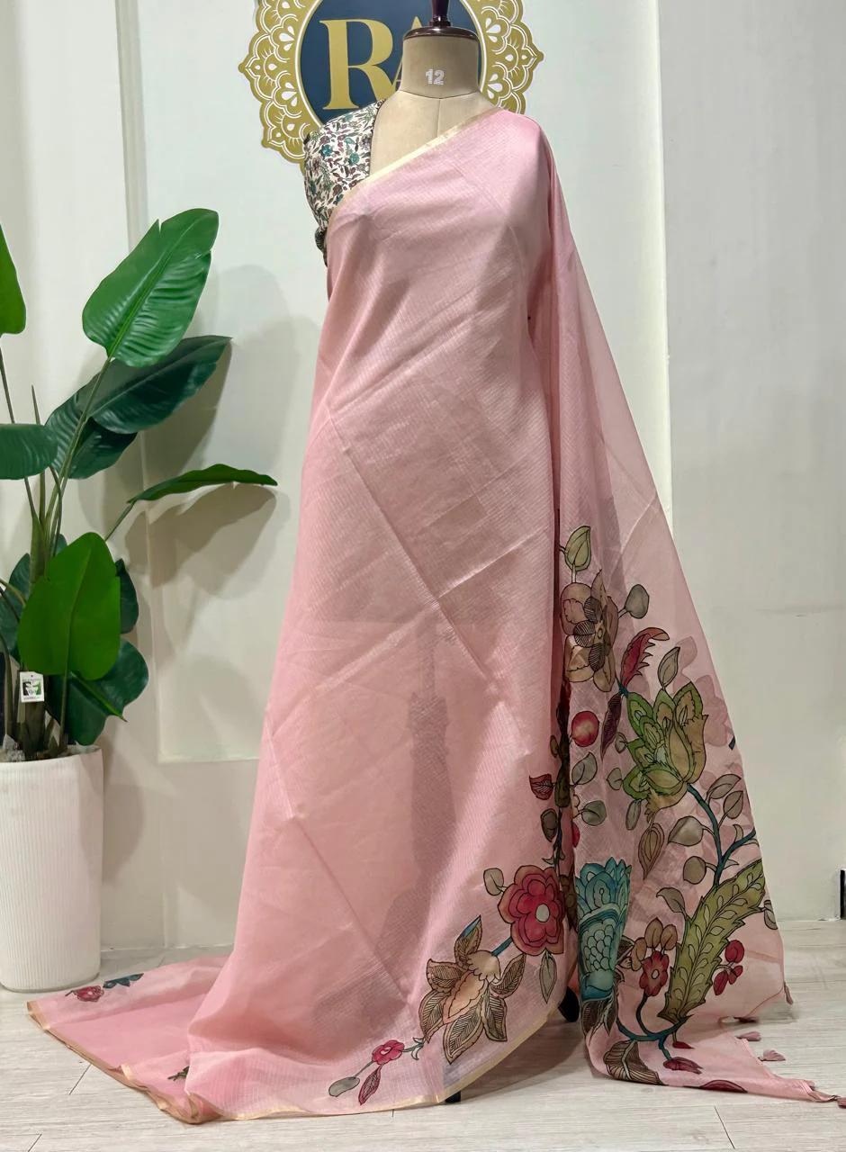 Pastel pink kota checks kalamkari saree - Image 2