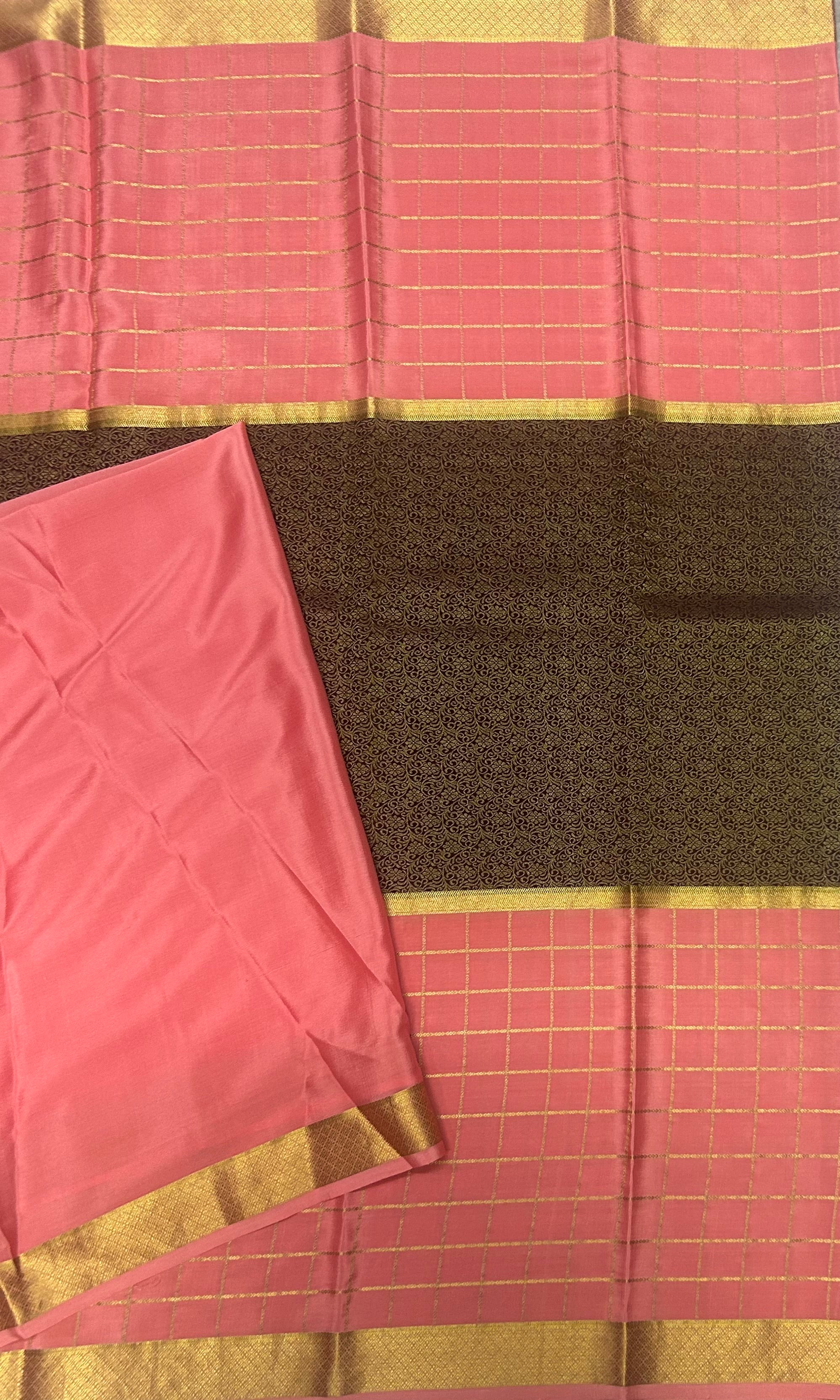 Pastel pink n dark brown checks n brocade pure Mysore crepe silk 103 saree - Image 3