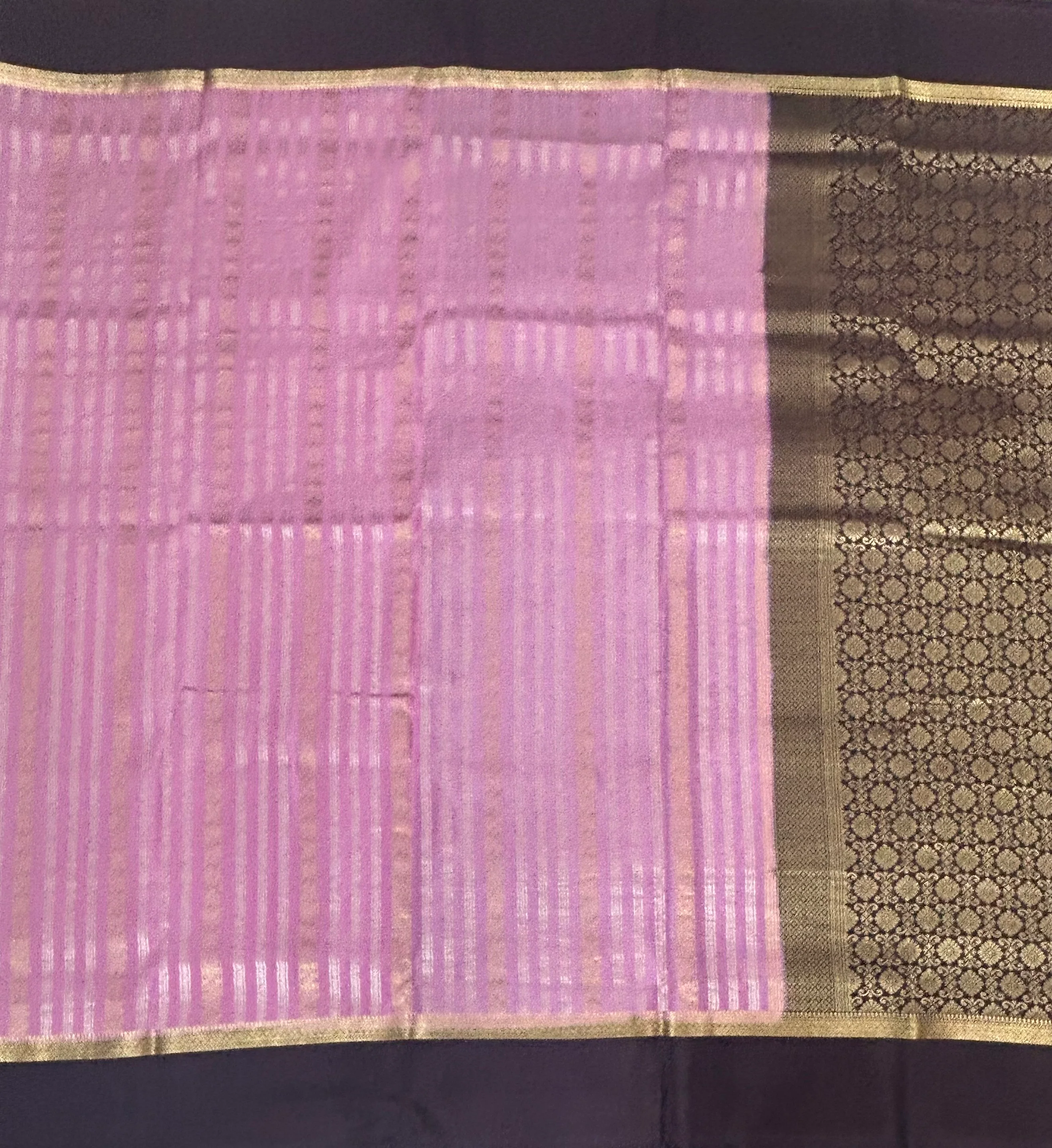 Pastel pink n dark brown stripes pure mysore silk-102 saree - Image 2
