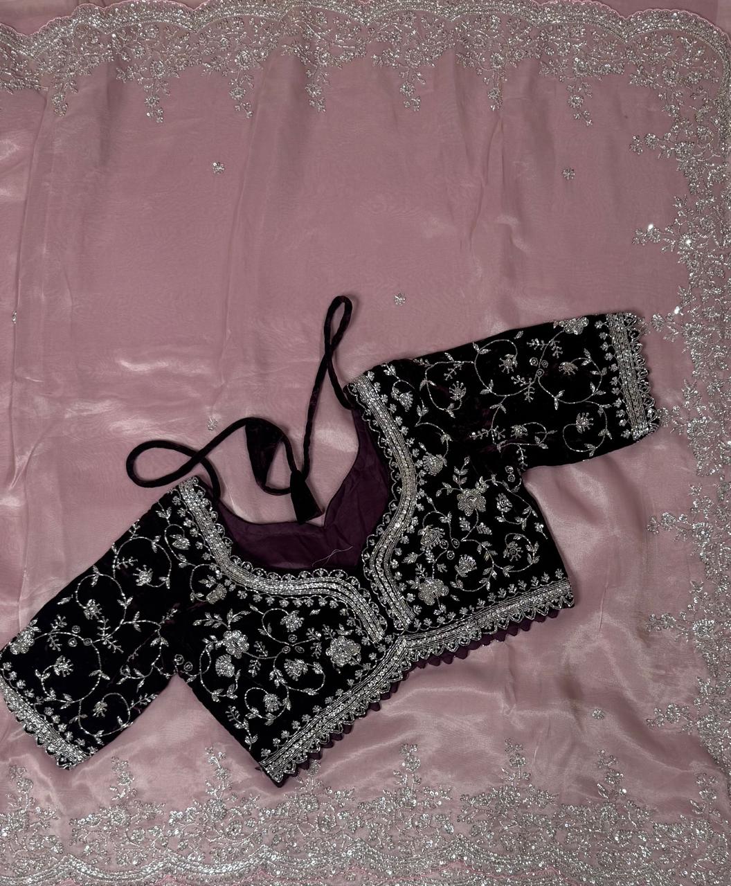 Pastel pink stitched velvet blouse organza party wear-08 saree - Image 5