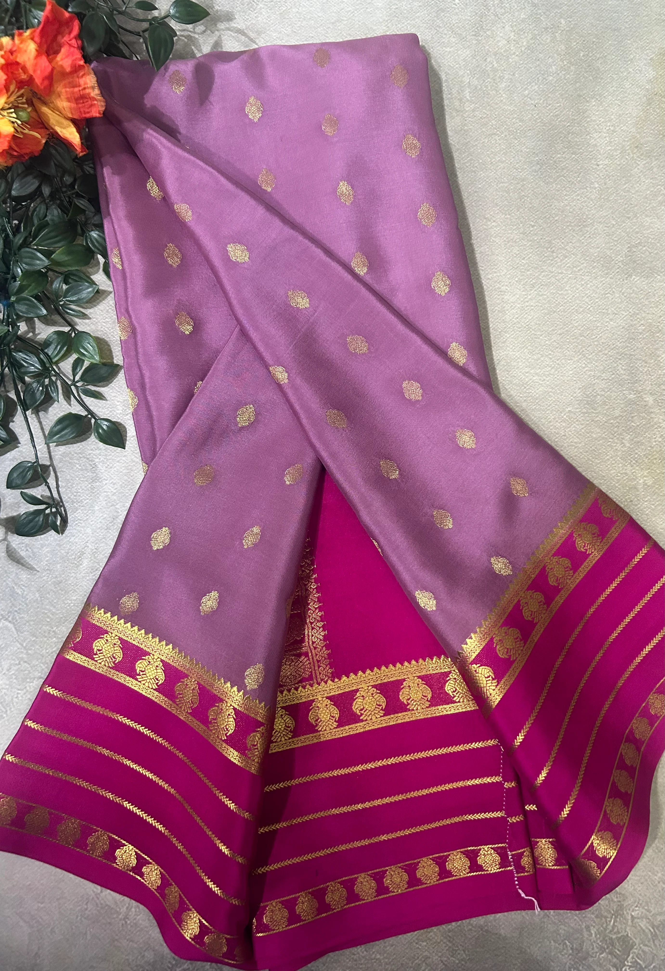 Pastel purple Stripes border pure Mysore silk 104 saree - Image 2