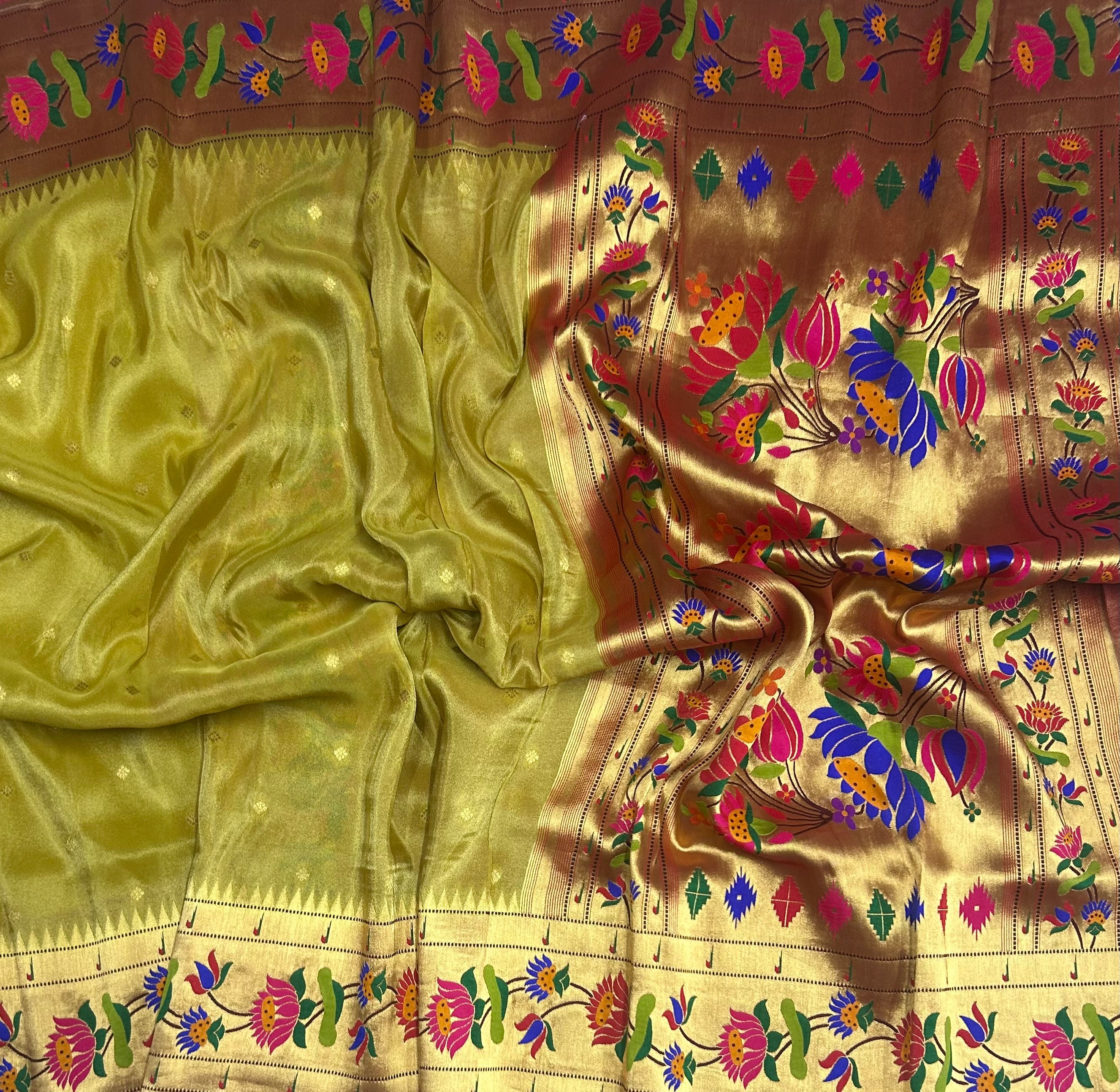 Pastel yellow small Butta tissue Paithani border 104 saree - Image 2