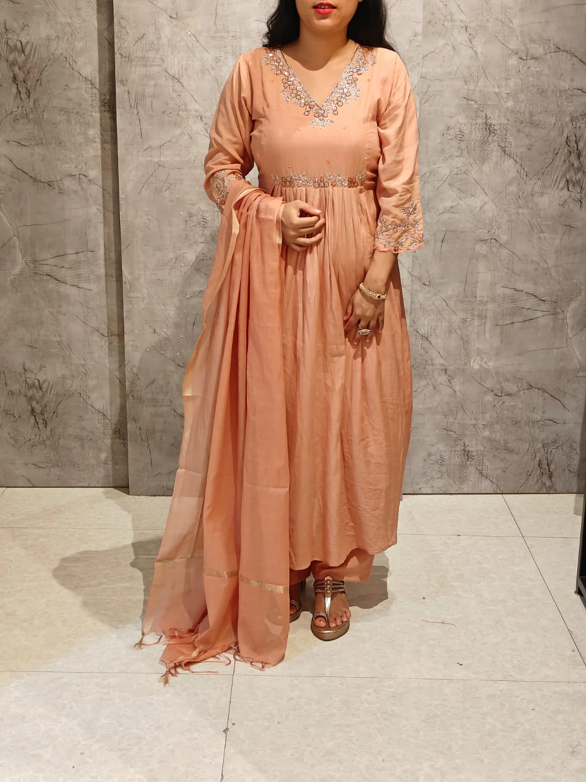 Peach Mul Chanderi Hand Embroidery Airline Kurtha 088 - Image 2