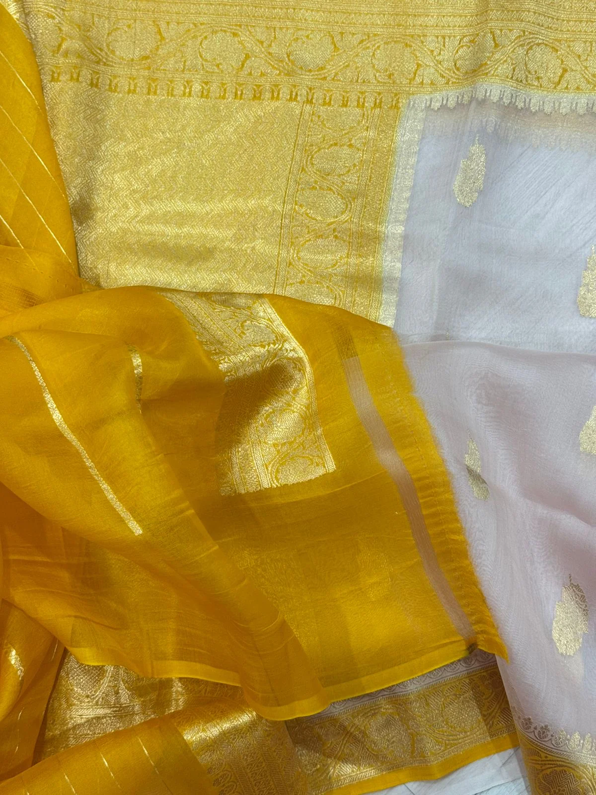 Peach n yellow pure kora organza 12 saree - Image 3