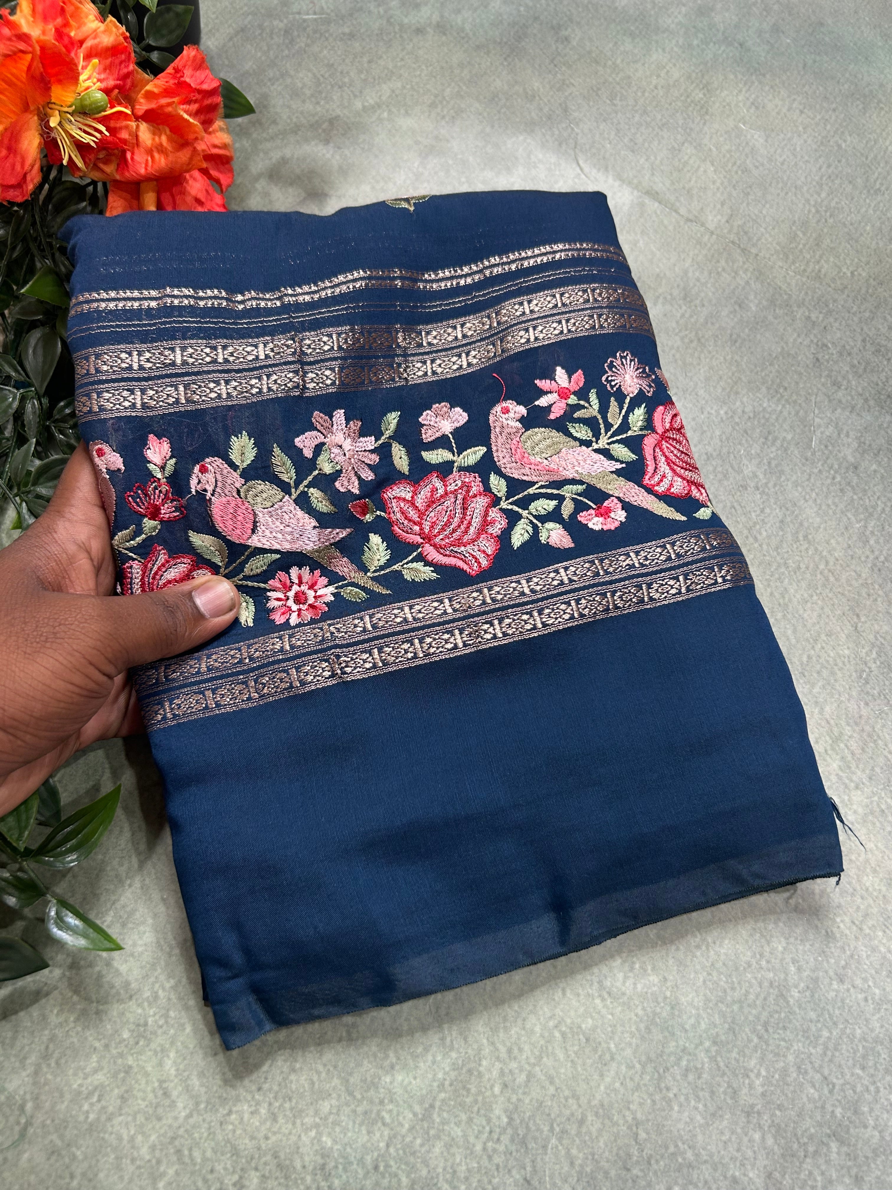 Peacock blue embrodiery soft tussar crepe 104 saree - Image 2