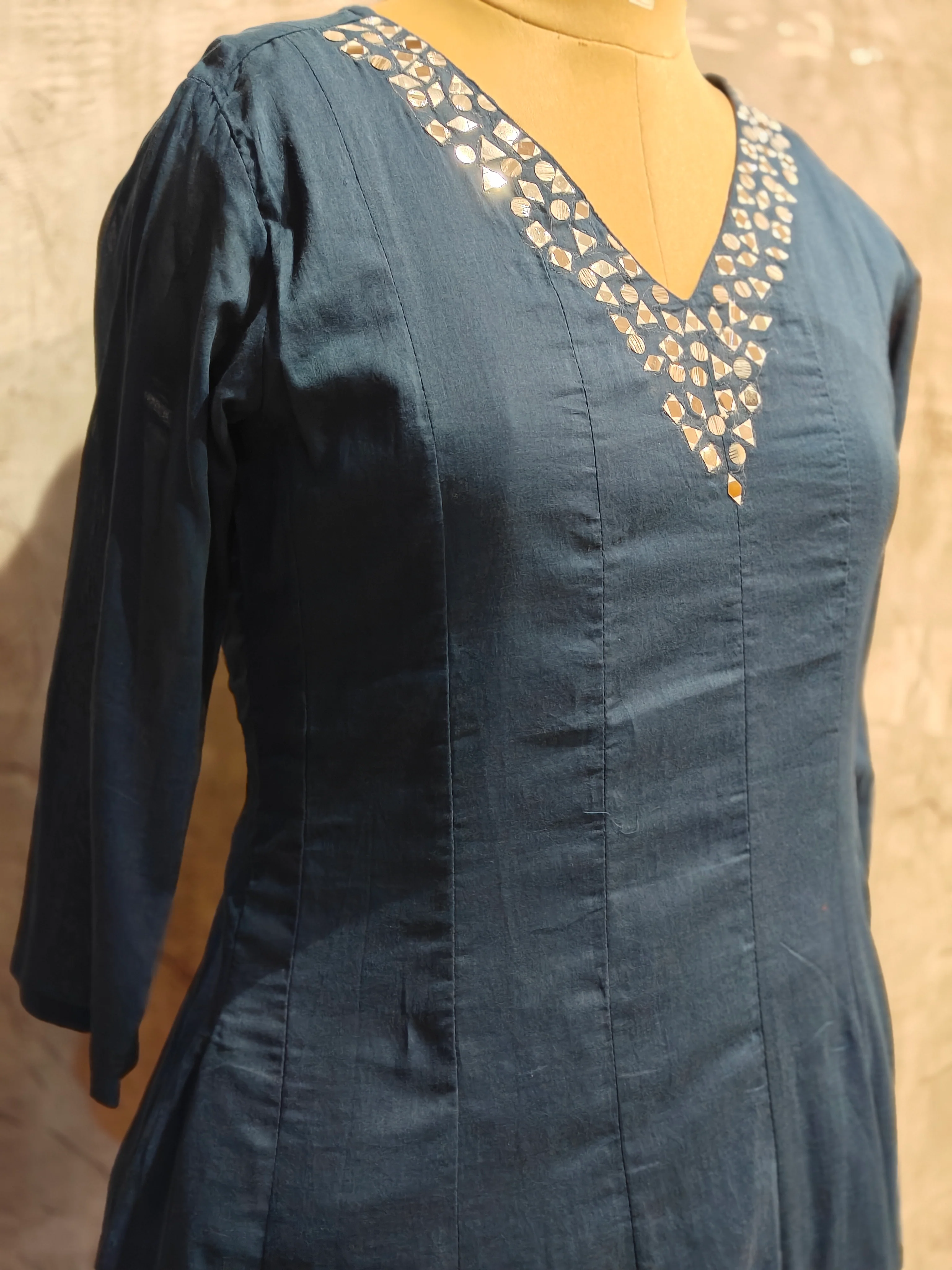 Peacock Blue Mul Chanderi Hand Embroidery Anarkali Kurtha 690 - Image 3