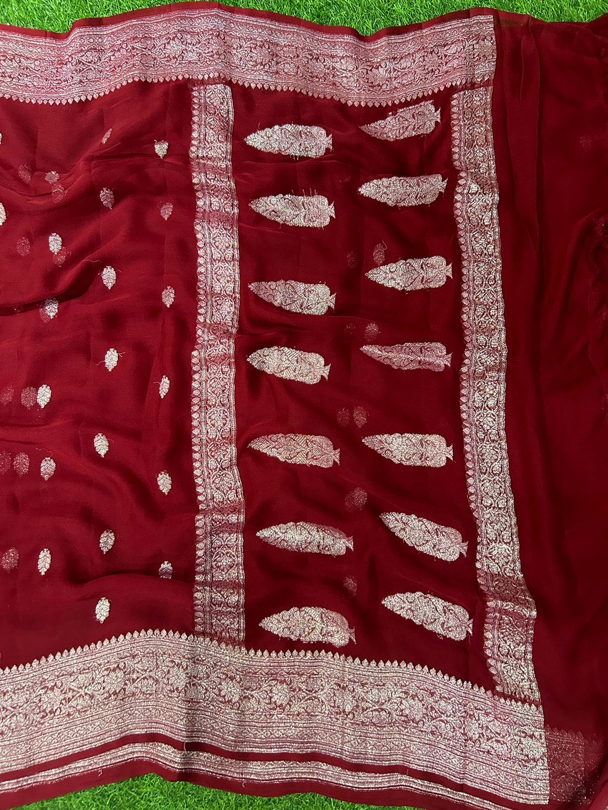 Bright red benaras pure khadi chiffon saree - Image 3