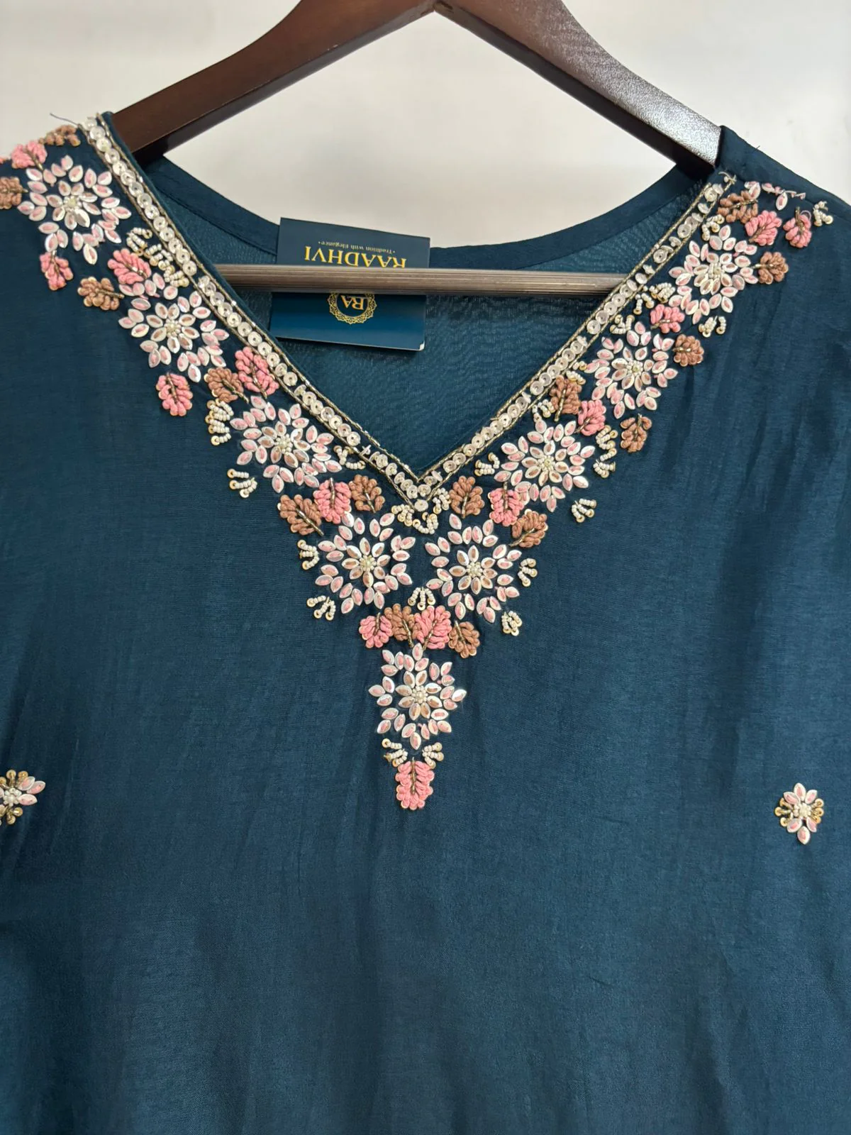 Peacock Blue Silk Thread Embroidery Work Straight Fit Kurtha 230 - Image 3