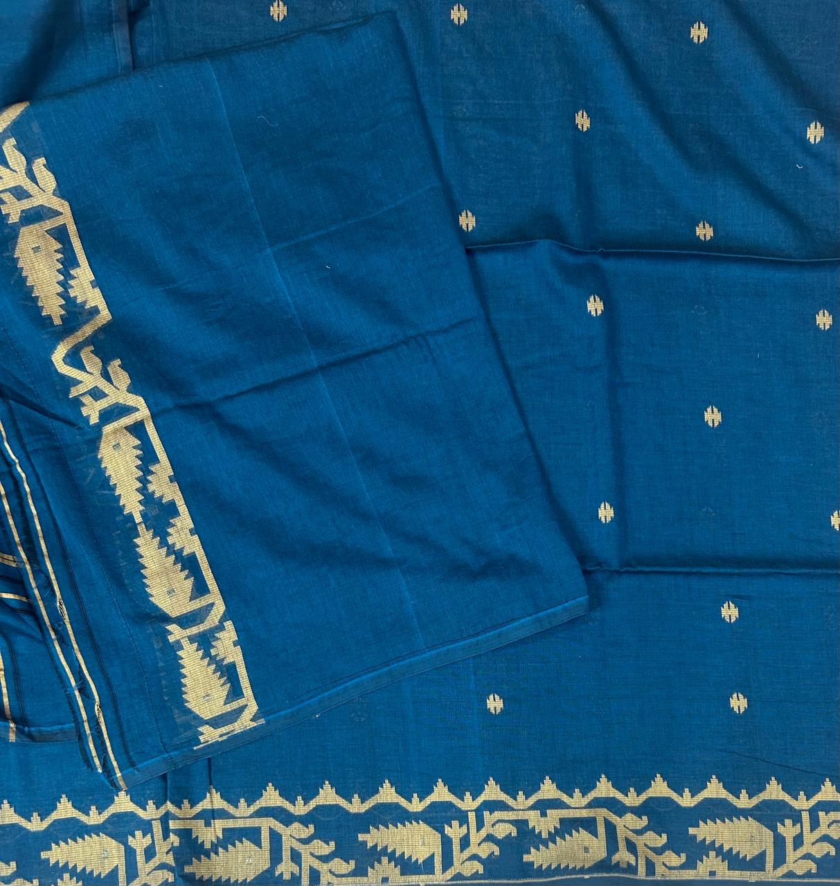 Peacock blue small butta jamdani 102 saree - Image 3
