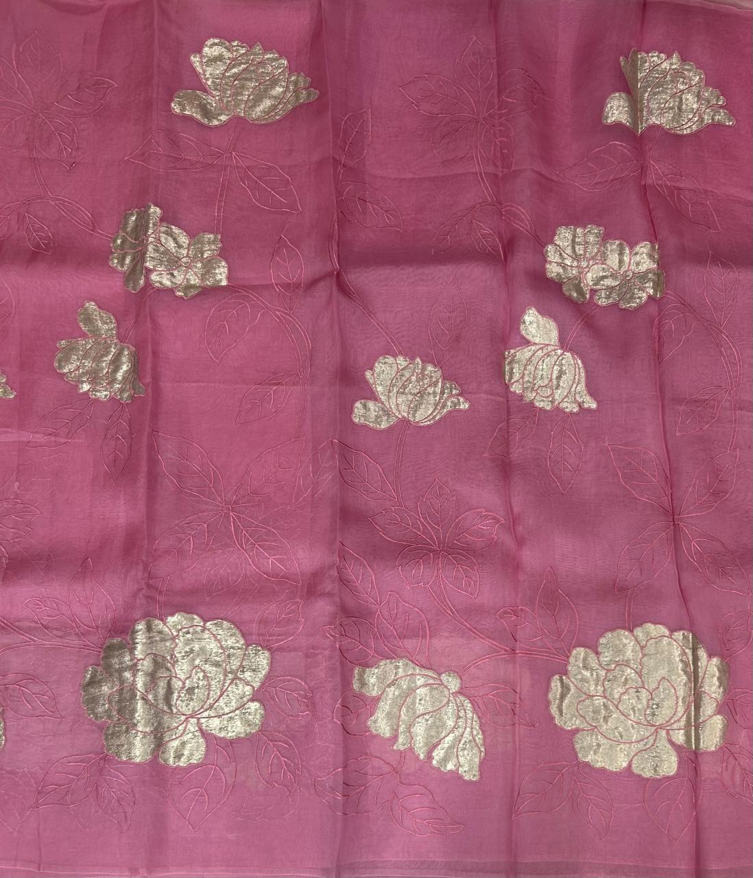 Pink aplique work pure organza 102 saree - Image 2