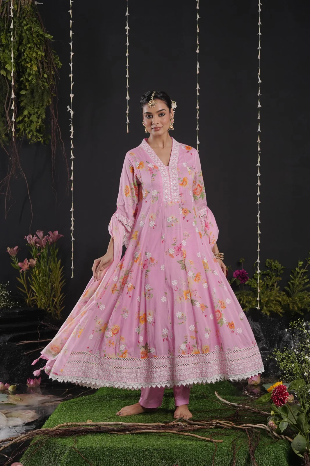 Pink Cotton  Thread Embroidery Anarkali Flower Print Kurtha 742 - Image 2