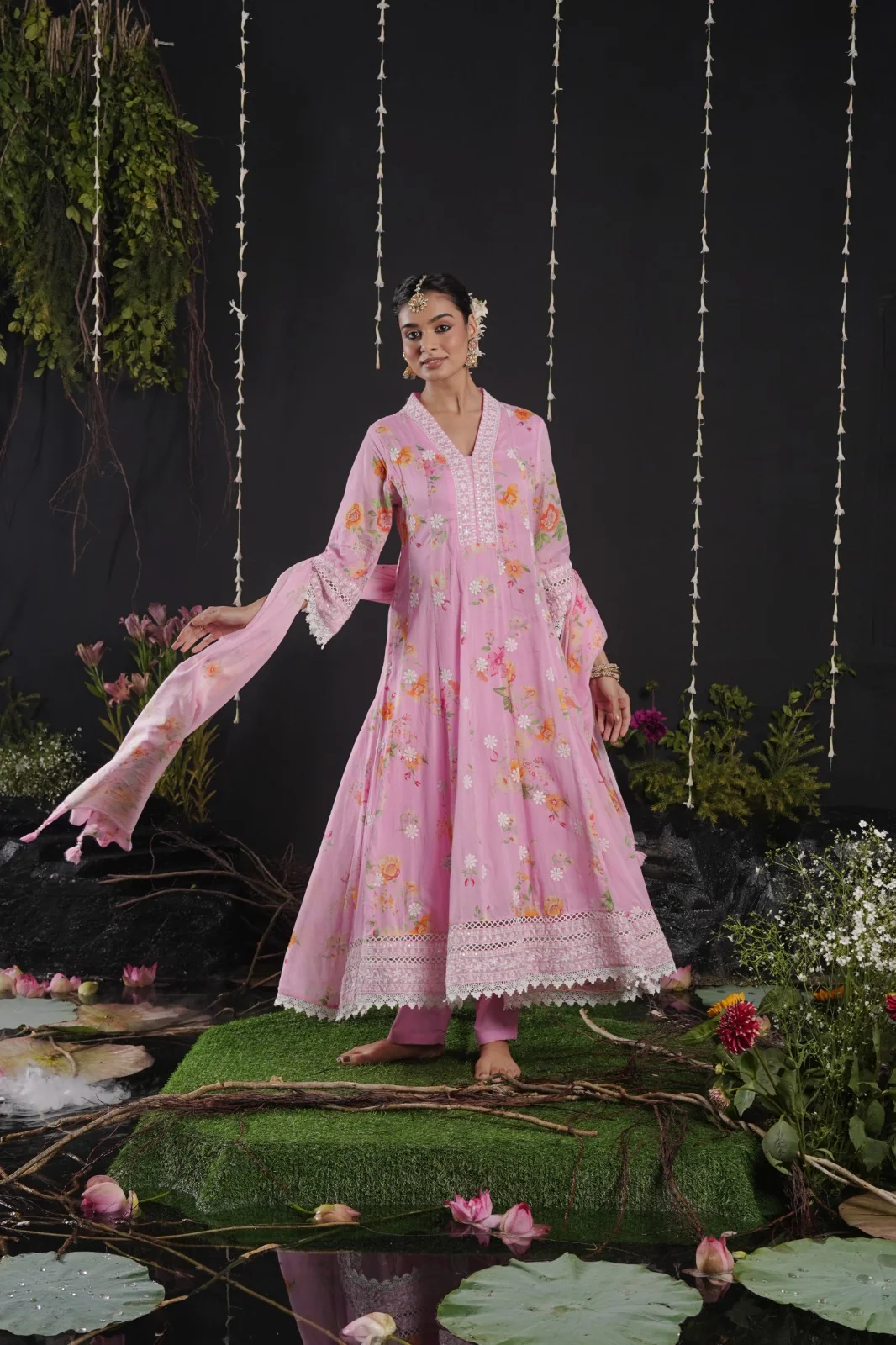 Pink Cotton  Thread Embroidery Anarkali Flower Print Kurtha 742 - Image 3