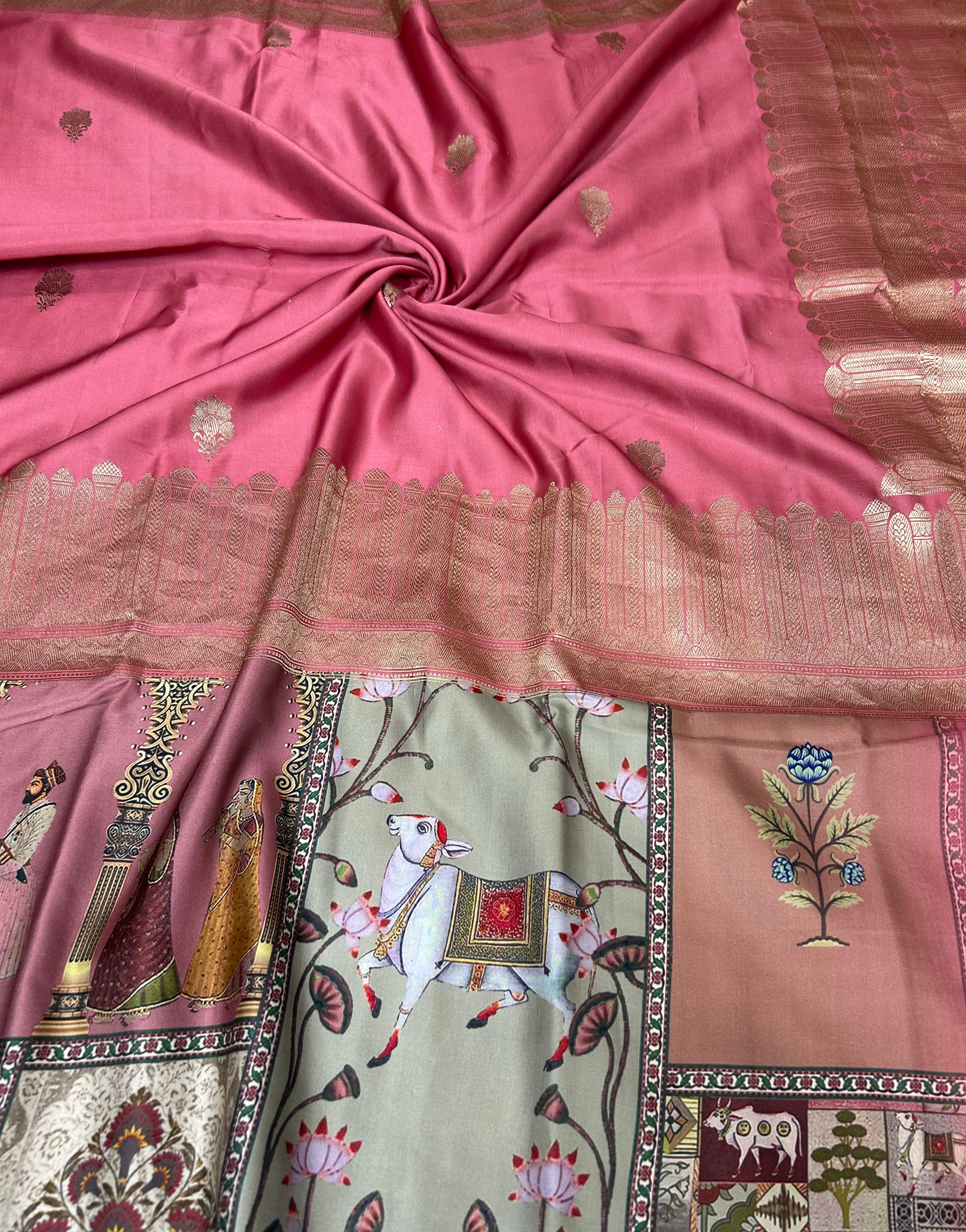 Pink  digital print brocade pure mushru 101 saree - Image 2