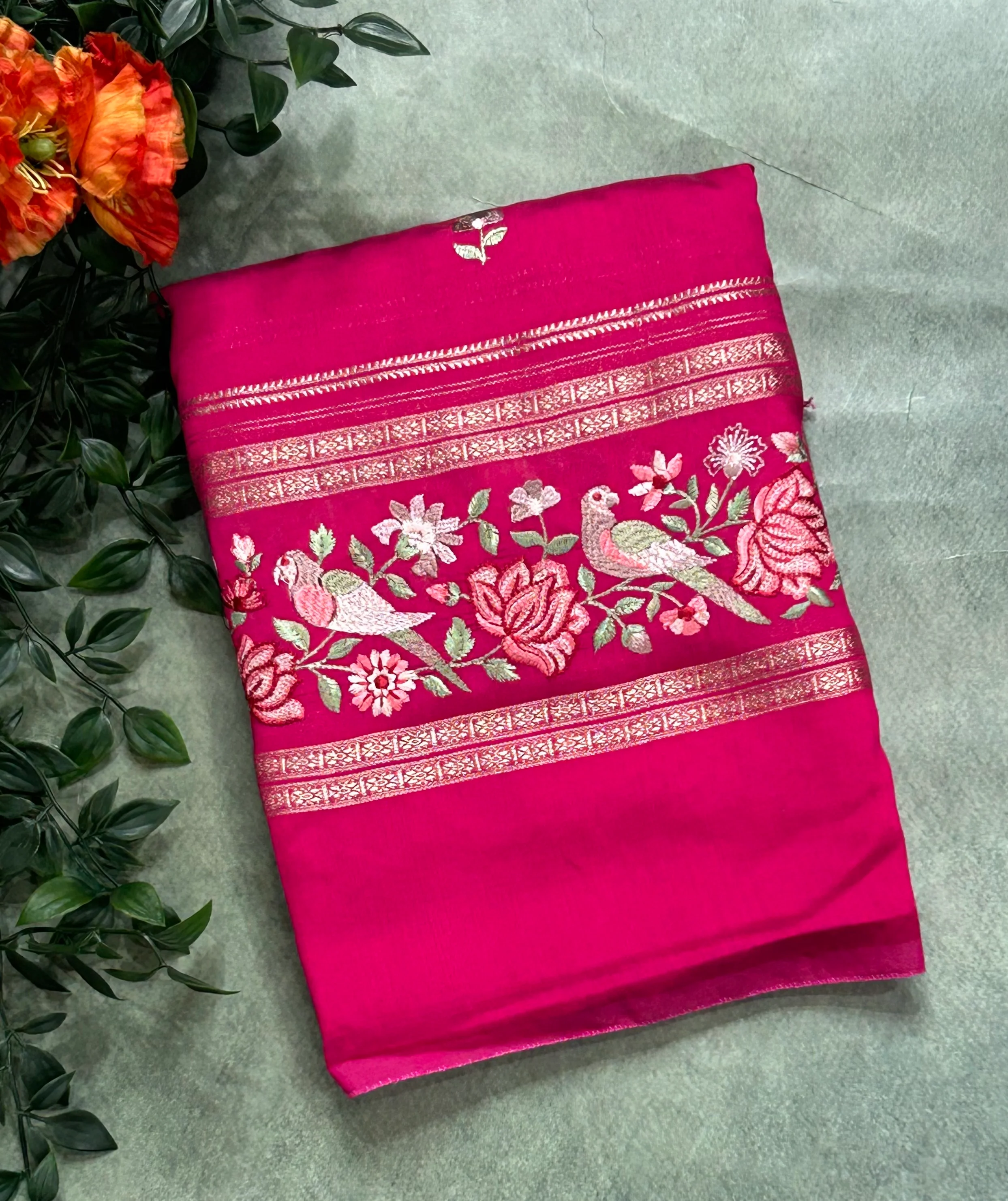 Pink embrodiery soft tussar crepe 104 saree - Image 3
