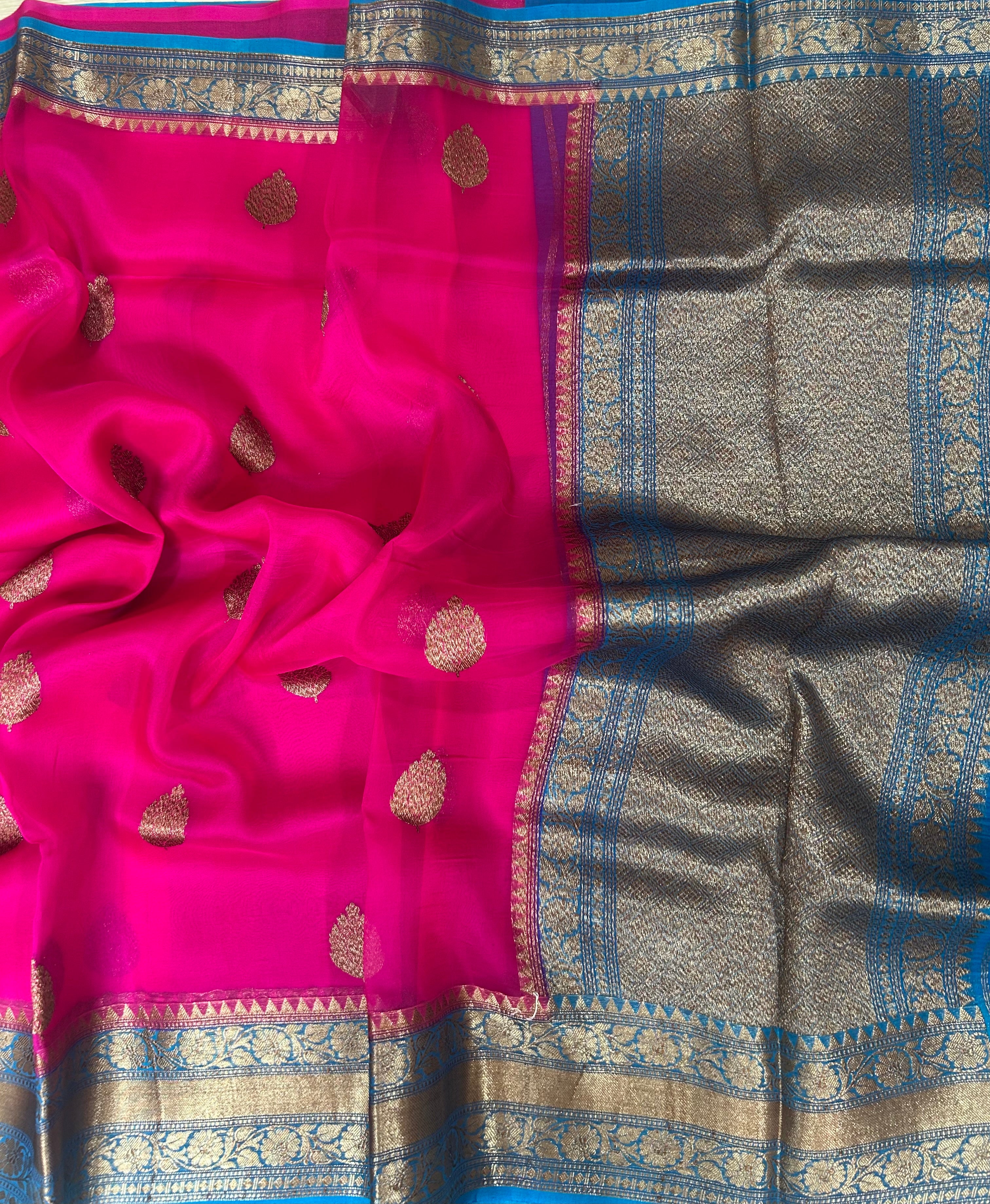 Pink n blue  pure kora organza silk saree - Image 3