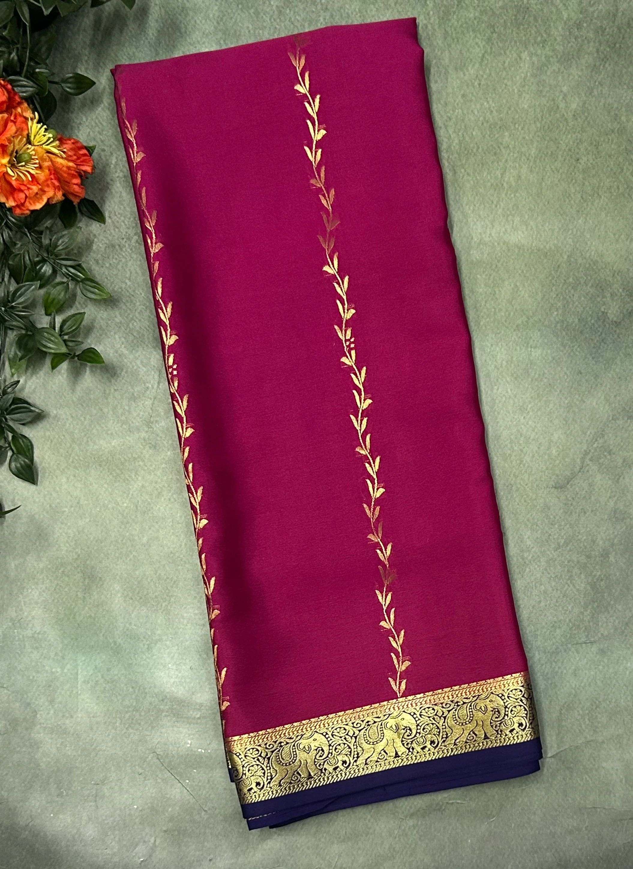 Pink n navy blue partly pallu  Pure Mysore silk 103 crepe saree e - Image 2