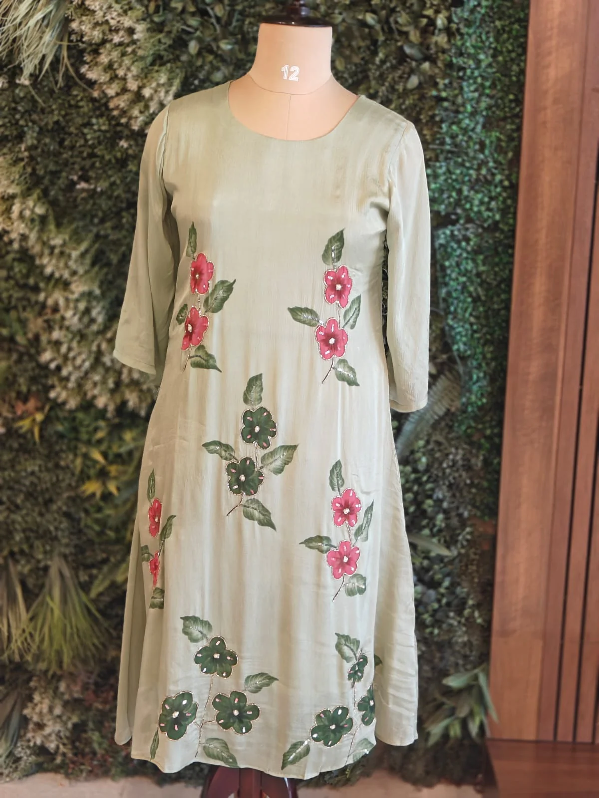 Pista Green Hand Embroidery Crepe Airline Kurtha 765 - Image 2