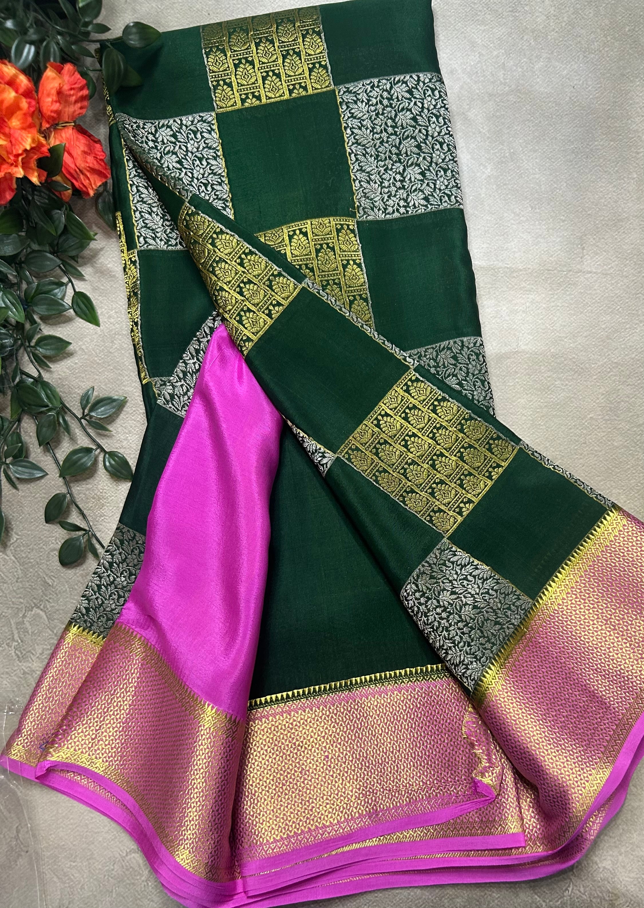 Bottle green checks pure Mysore silk 105 saree - Image 3