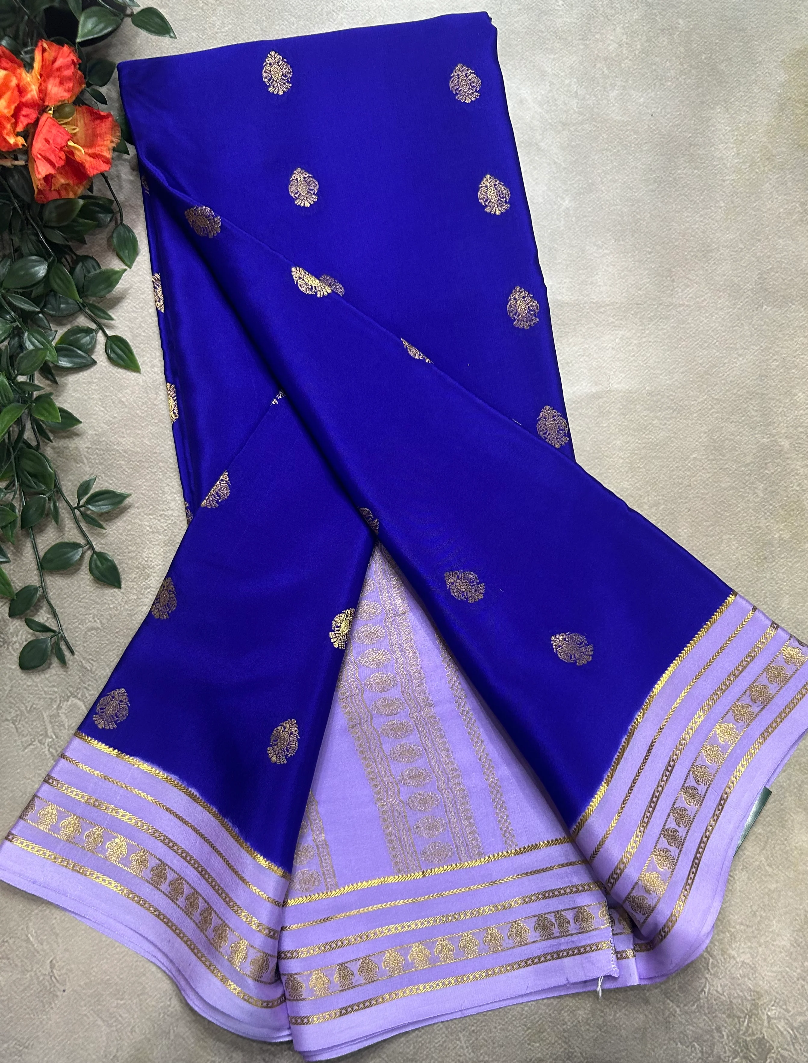 Purple Gandaberunda stripes border pure Mysore silk 105 saree - Image 2