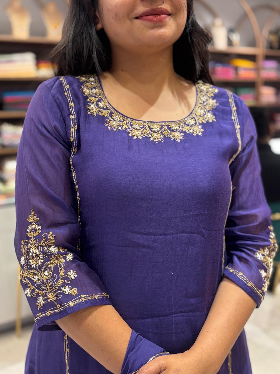 Purple Mul Chanderi Hand Embroidery Airline Kurtha 686 - Image 5
