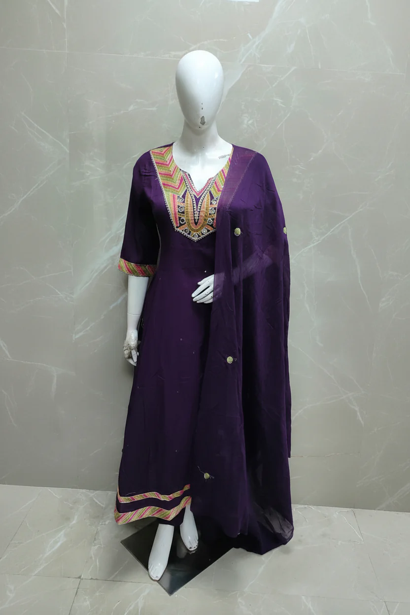 Purple Mul Cotton Block Print Anarkali Kurtha 837 - Image 5