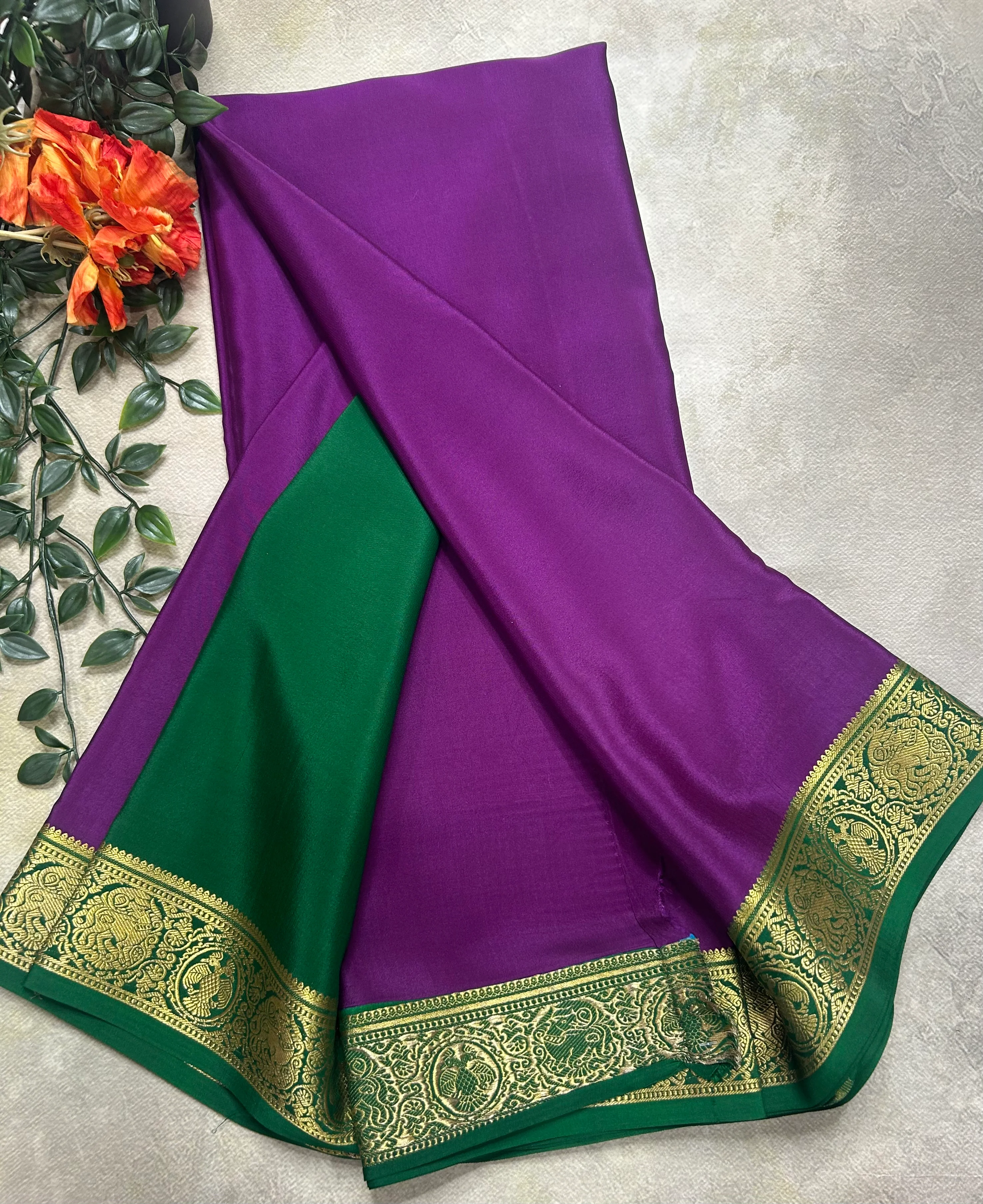 Purple n green pure Mysore silk 104 saree - Image 3