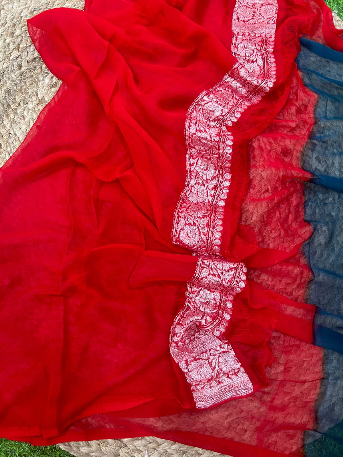 Peacock blue 01 n red benarasi pure khadi chiffon - Image 4