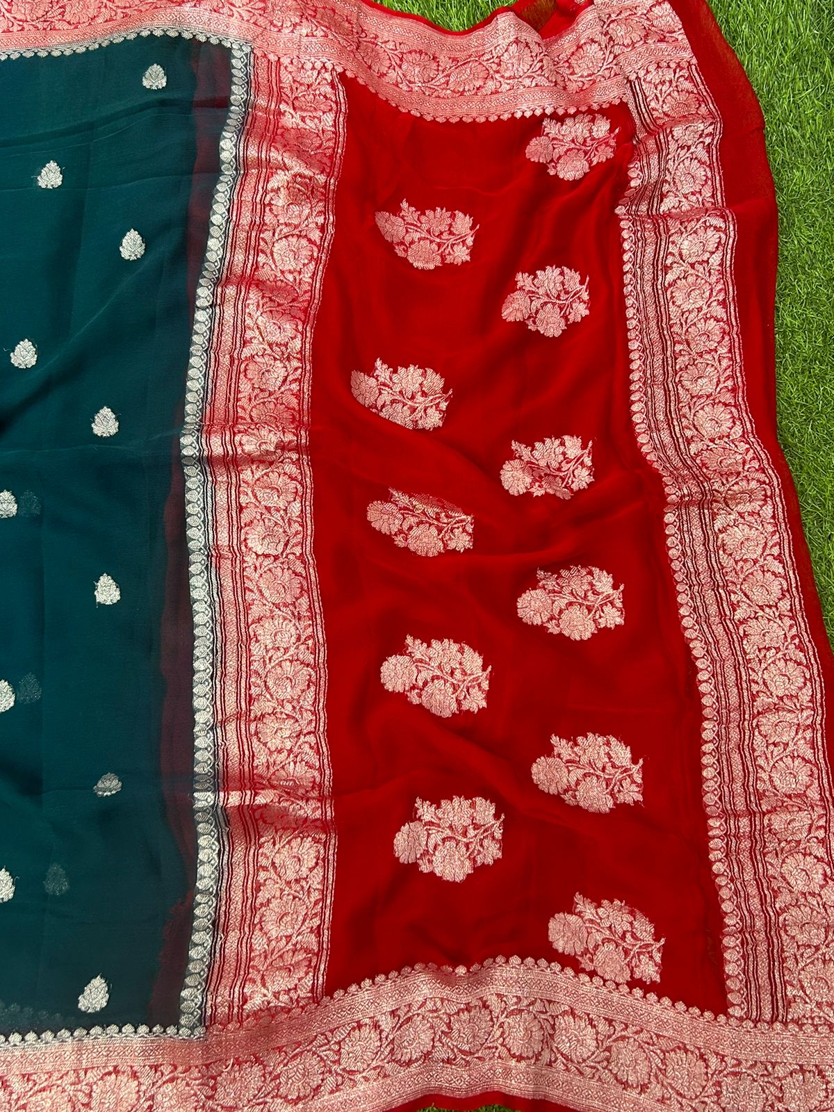 Peacock blue 01 n red benarasi pure khadi chiffon - Image 5