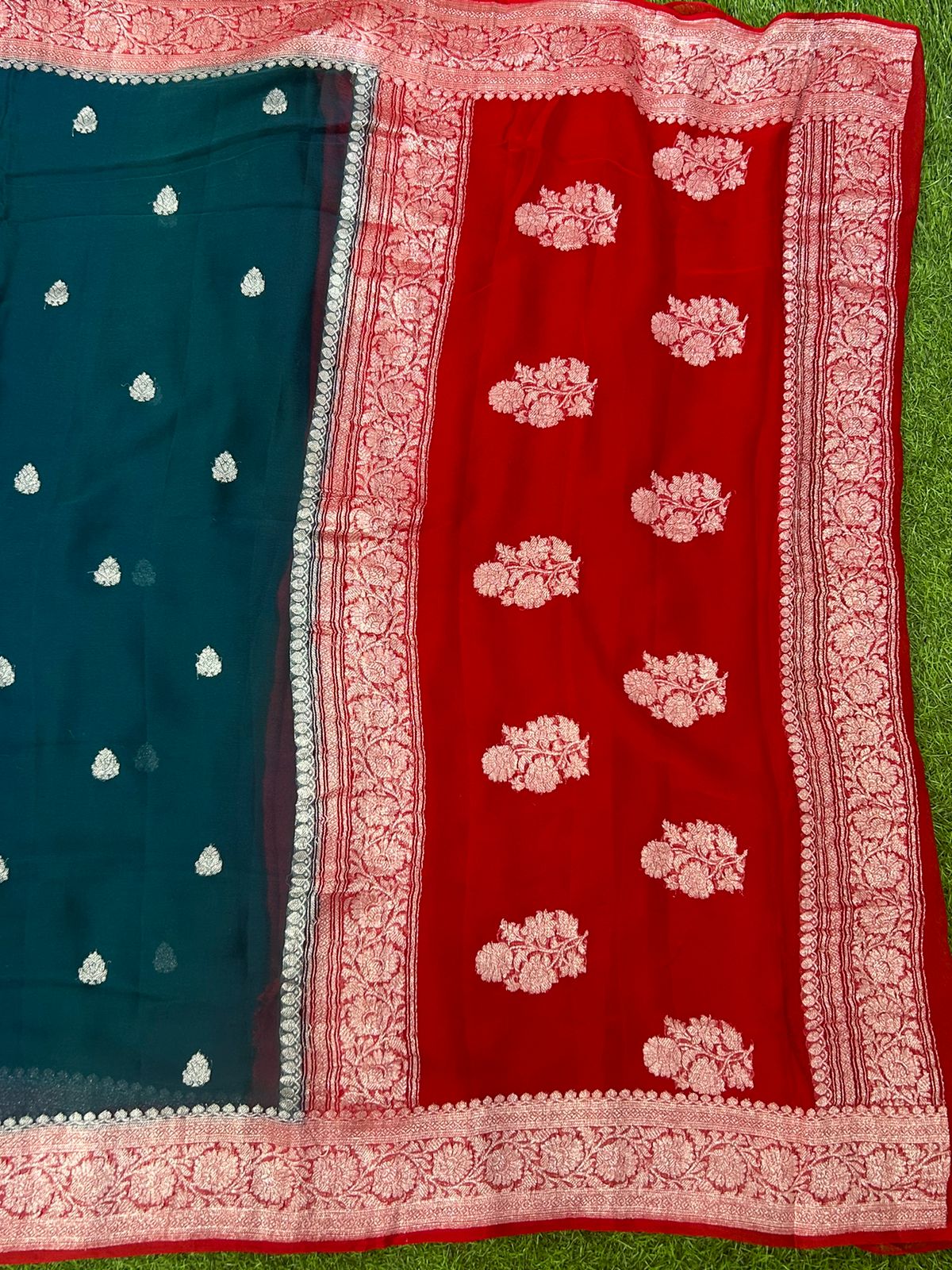 Peacock blue 01 n red benarasi pure khadi chiffon - Image 6