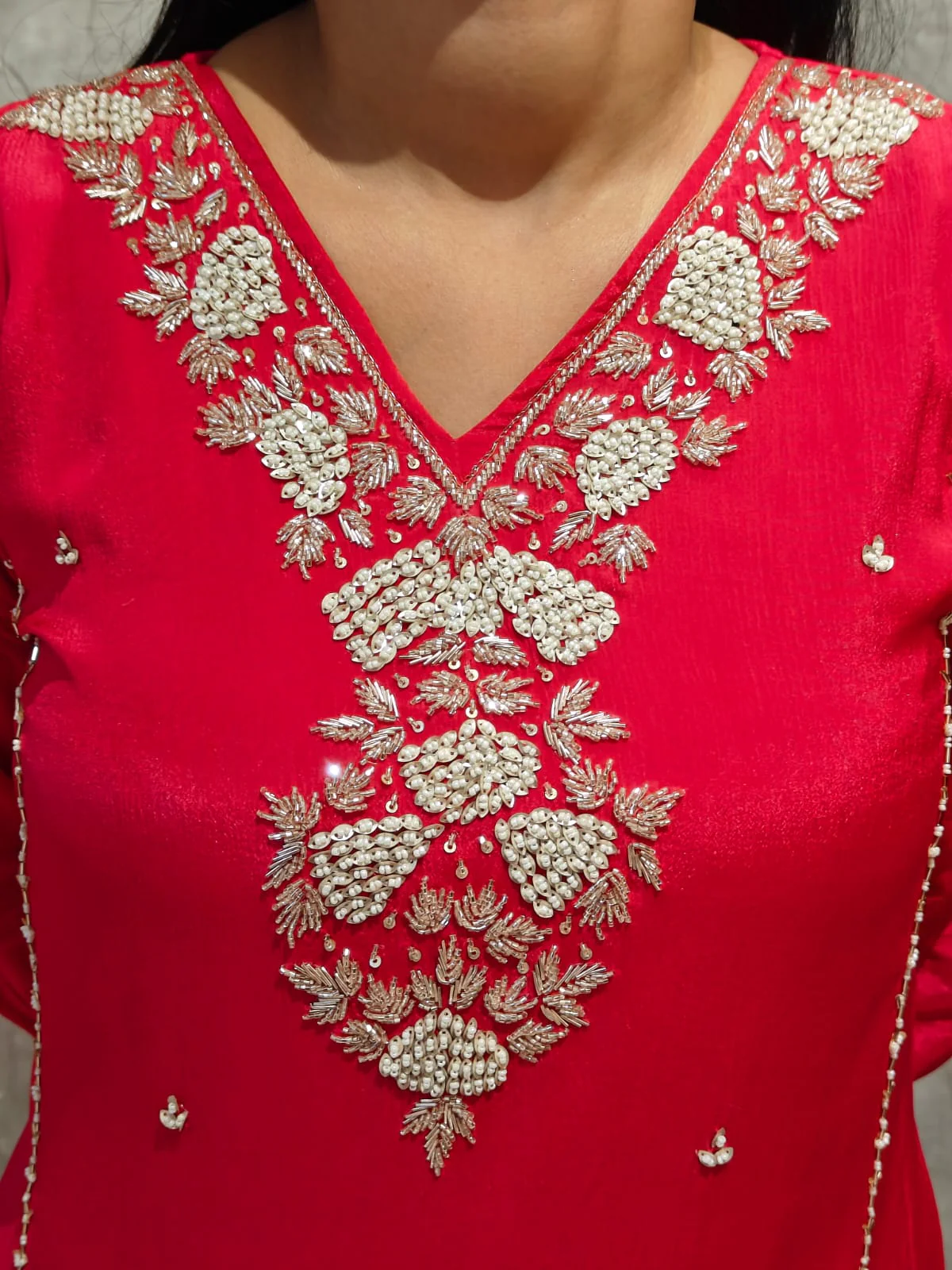 Red Chinnon Hand Embroidery Airline Kurtha 444 - Image 3