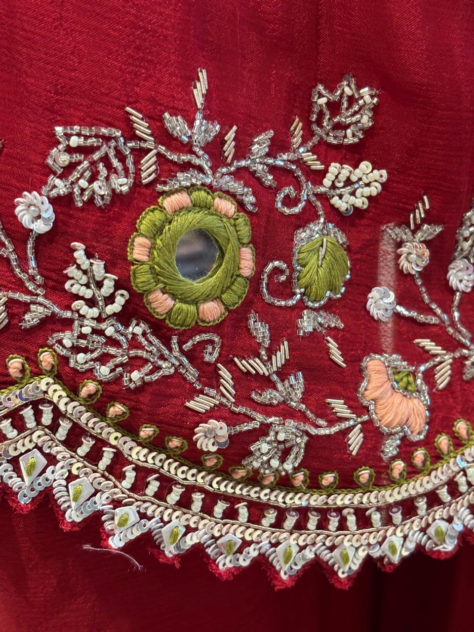 Red Chinnon Hand Embroidery Sharara Kurtha 301 - Image 4