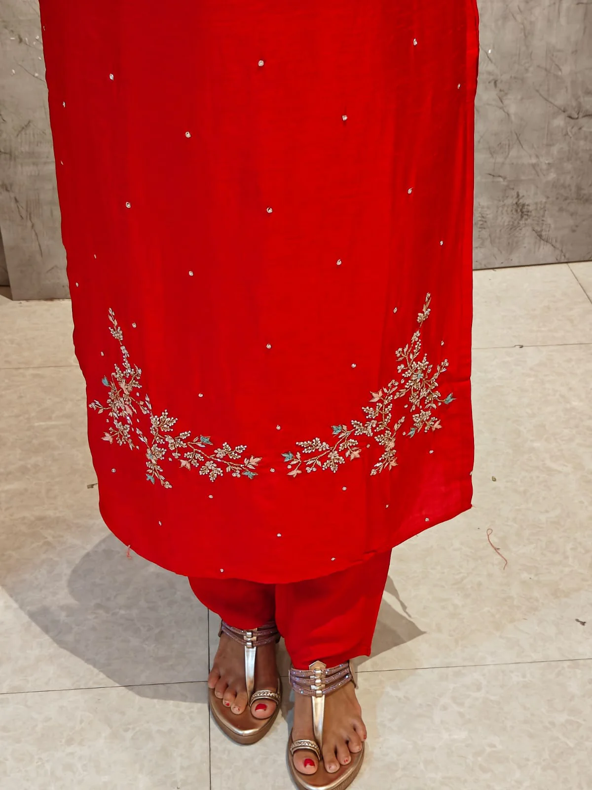 Red Dola Silk Hand Embroidery Straight Fit Kurtha 022 - Image 3