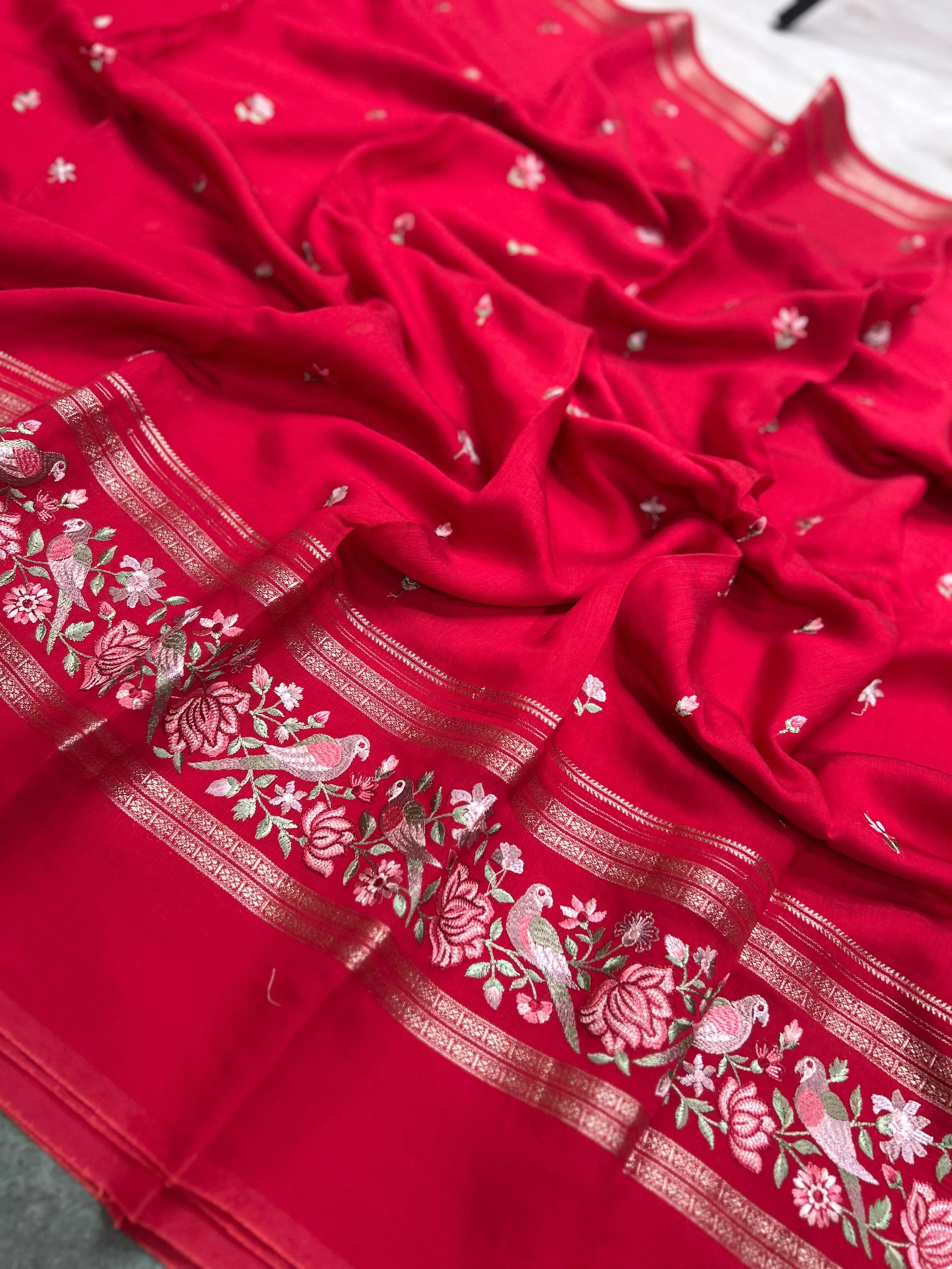 Red embrodiery soft tussar crepe 104 saree - Image 3