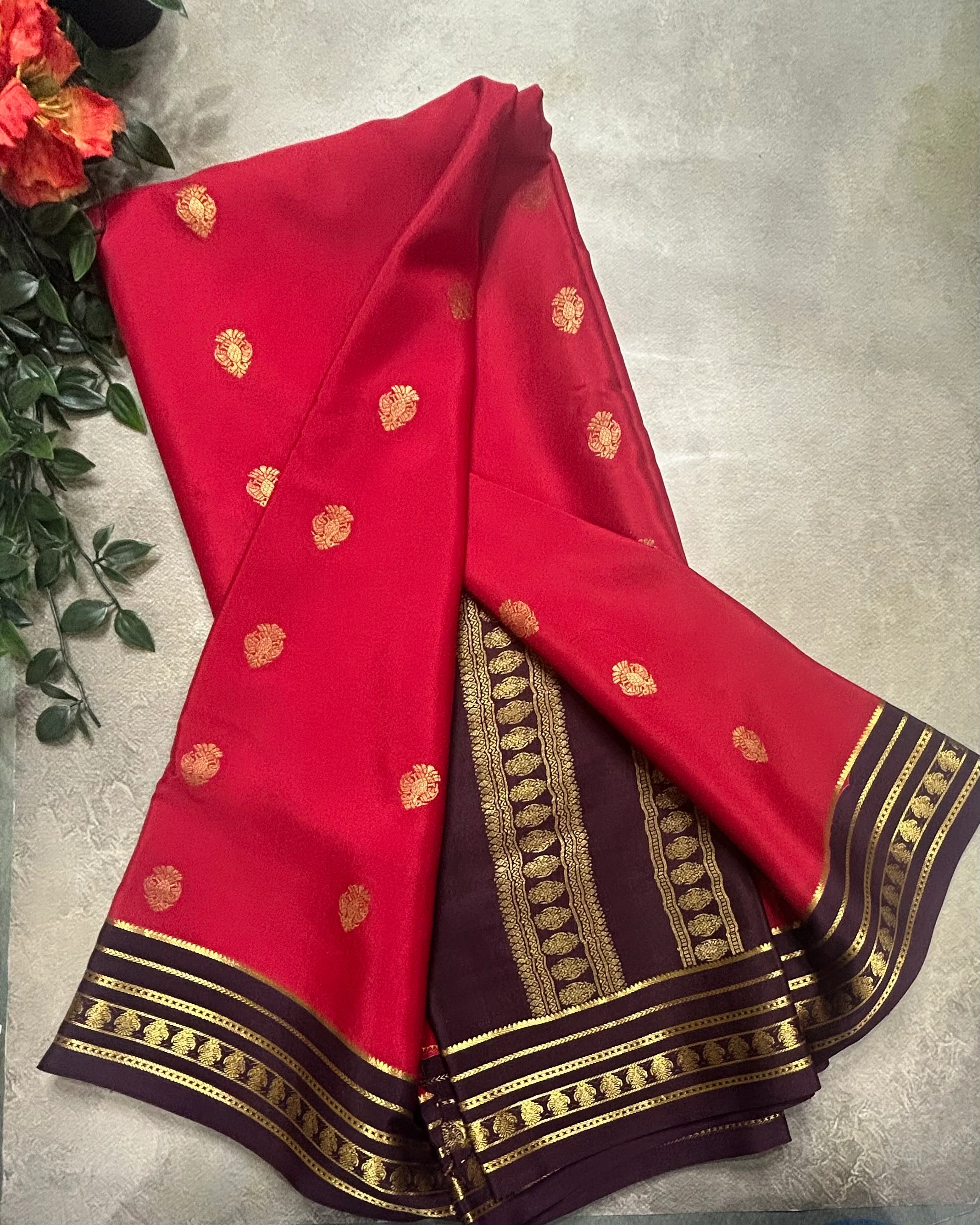Red Gandaberunda stripes border pure Mysore silk 105 saree - Image 2