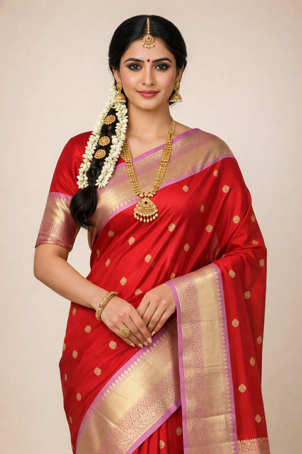 Red n light pink small semi Kanchi-12 saree - Image 8