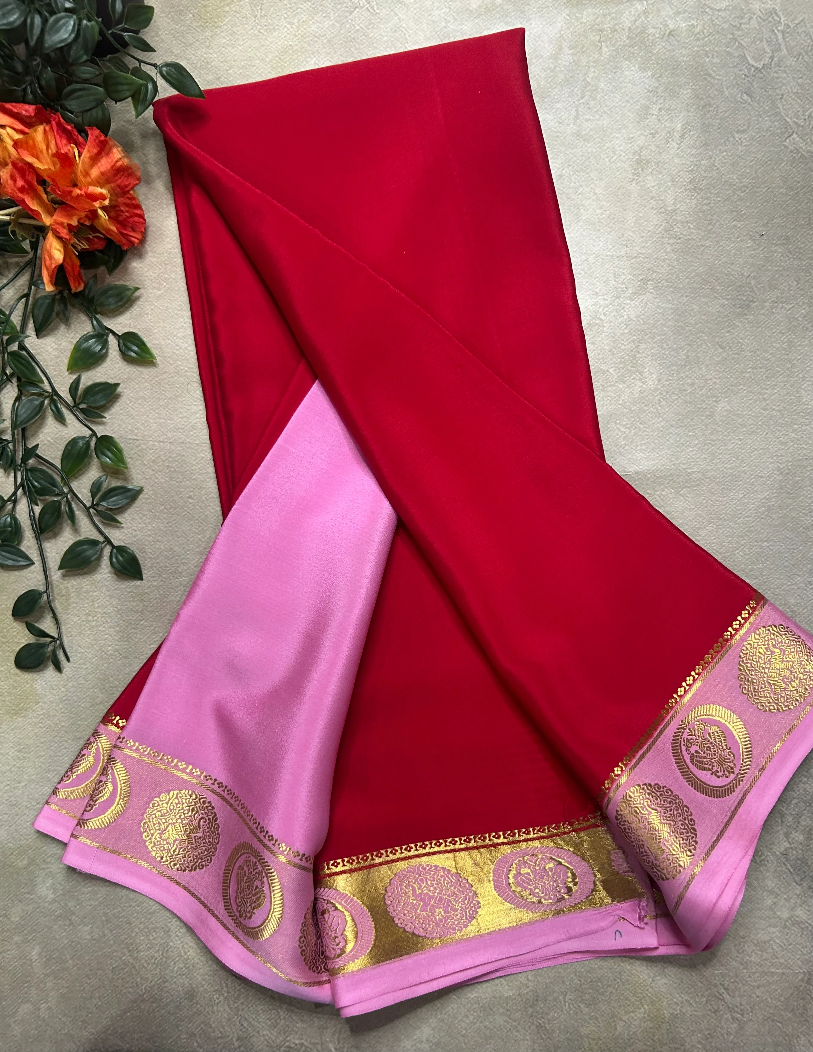 Red n pastel pink pure Mysore silk 104 saree - Image 3