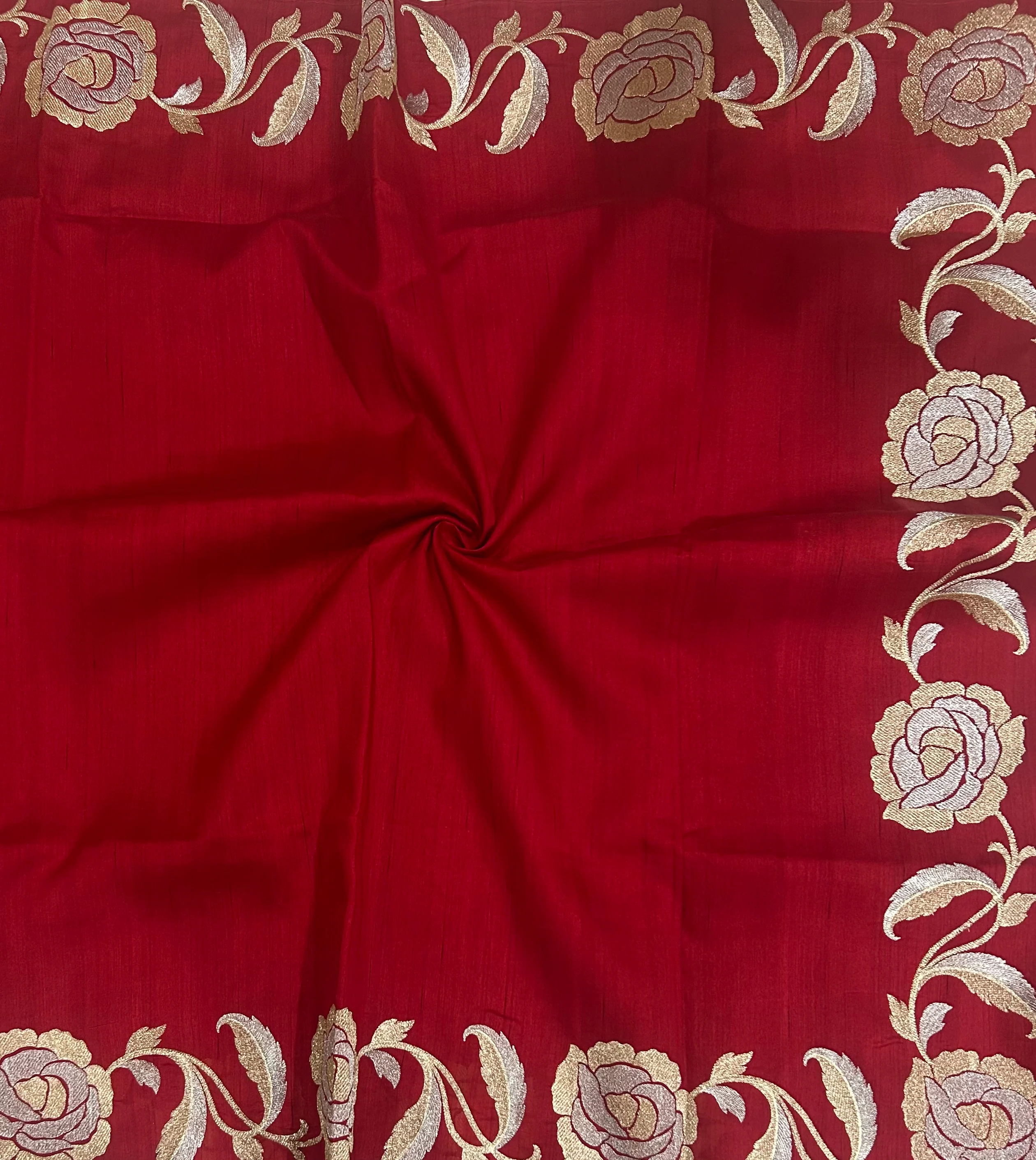Red plain embroidery work border semi Tussar saree - Image 2