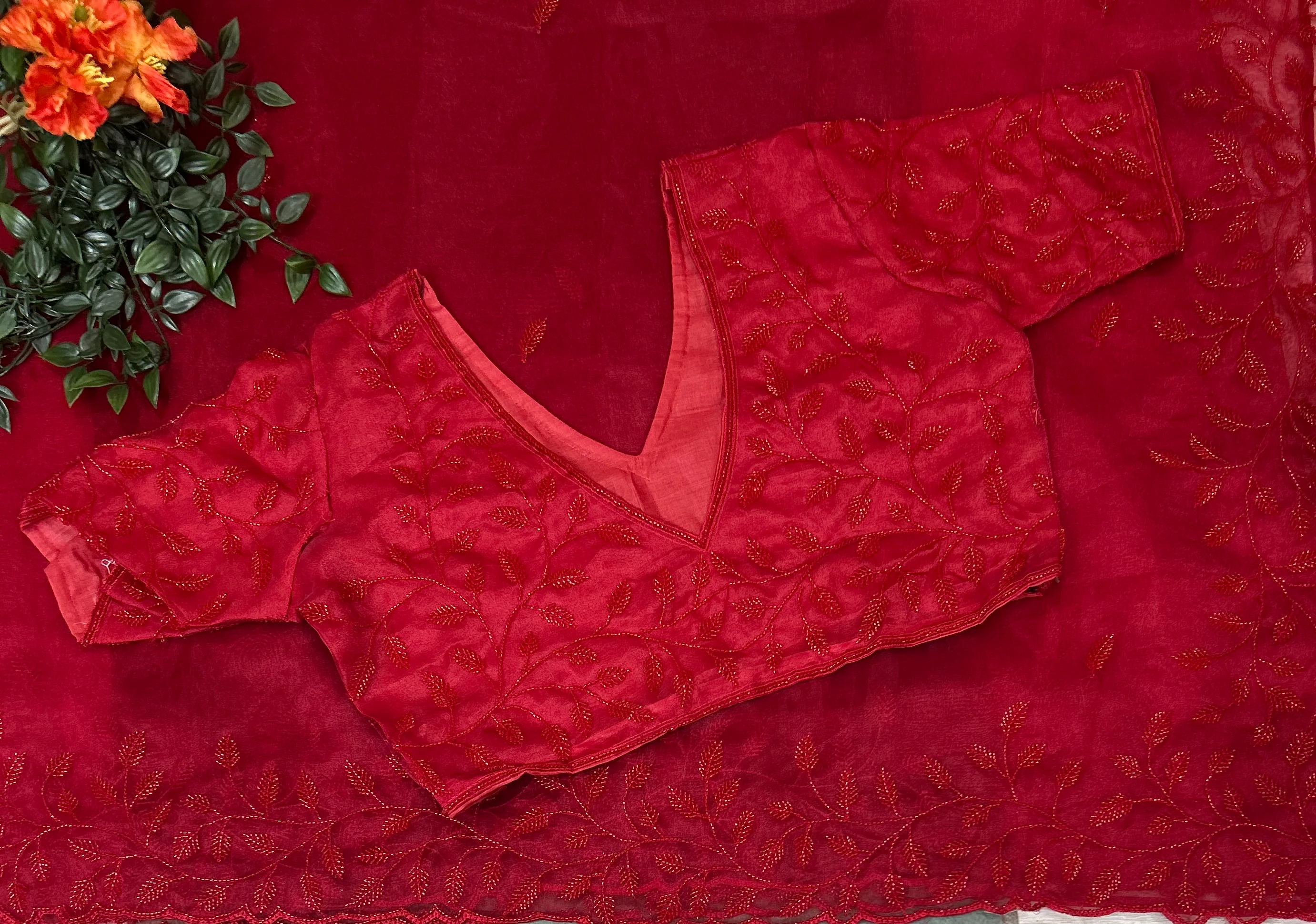 Red stone work party wear with stitched blouse-10 saree - Image 3