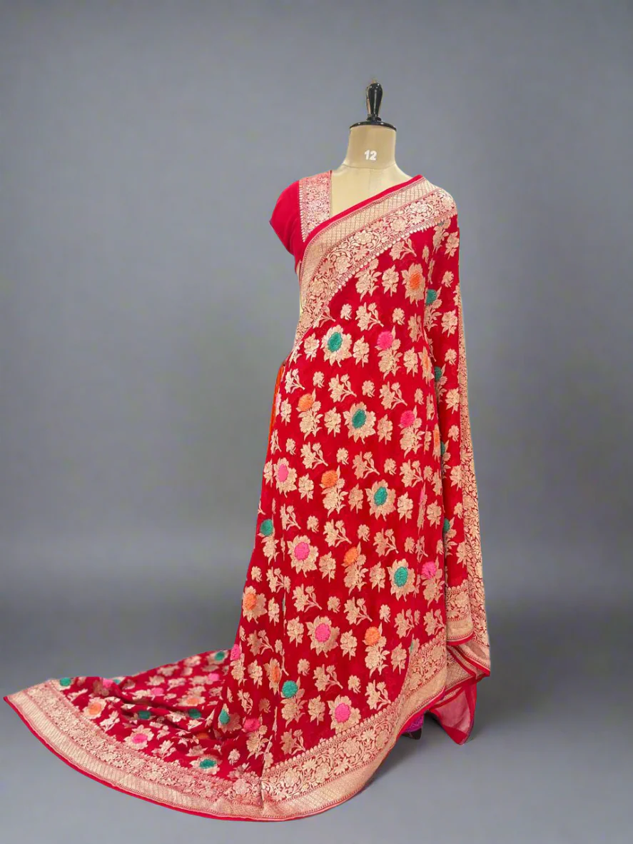 Red velvet embossed pure georgette-12 saree - Image 3