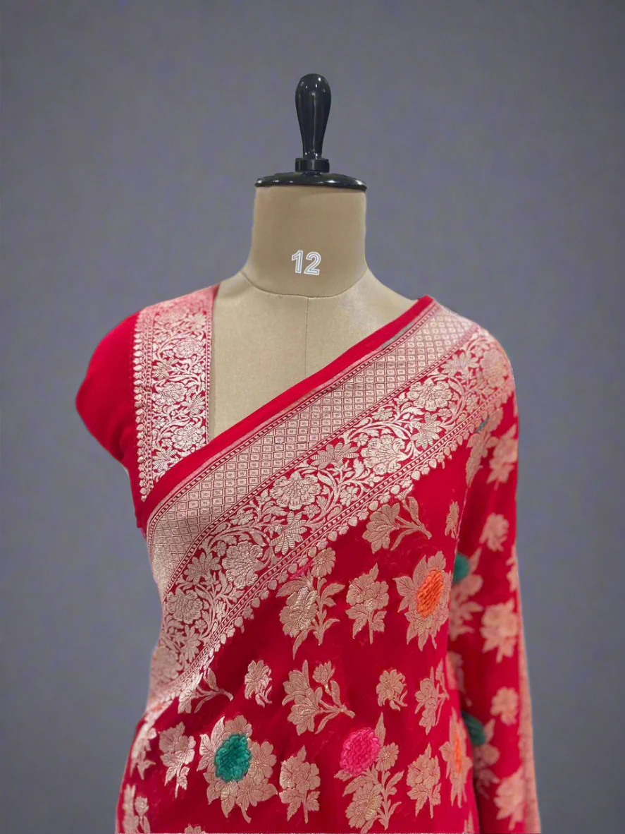 Red velvet embossed pure georgette-12 saree - Image 6