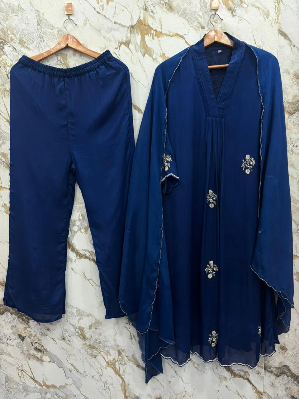 Royal Blue  Chinnon Hand Embroidery Airline Kurtha 291 - Image 3