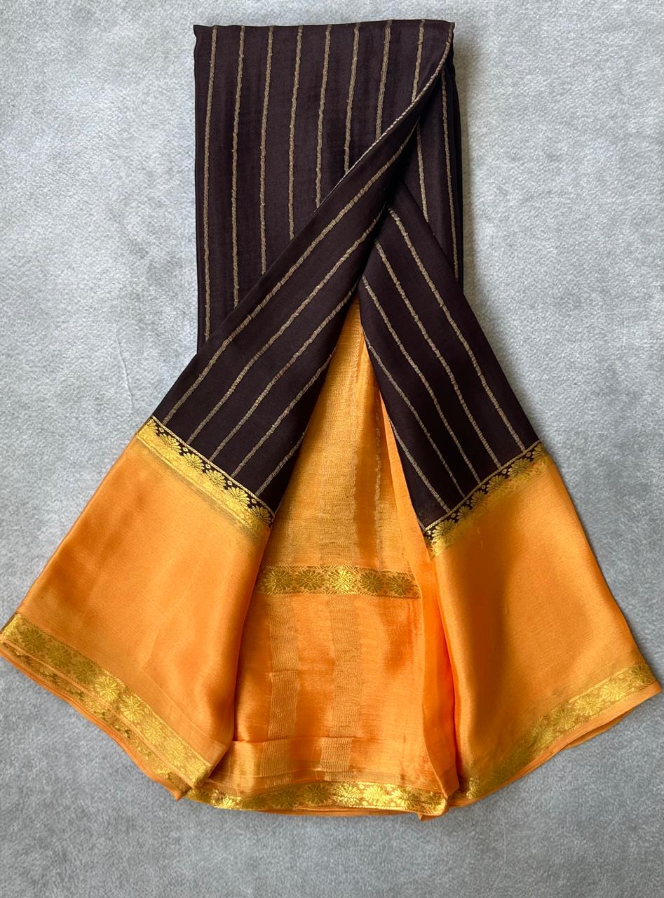 Brown n orange pure wrinkle 103 crepe silk saree - Image 2