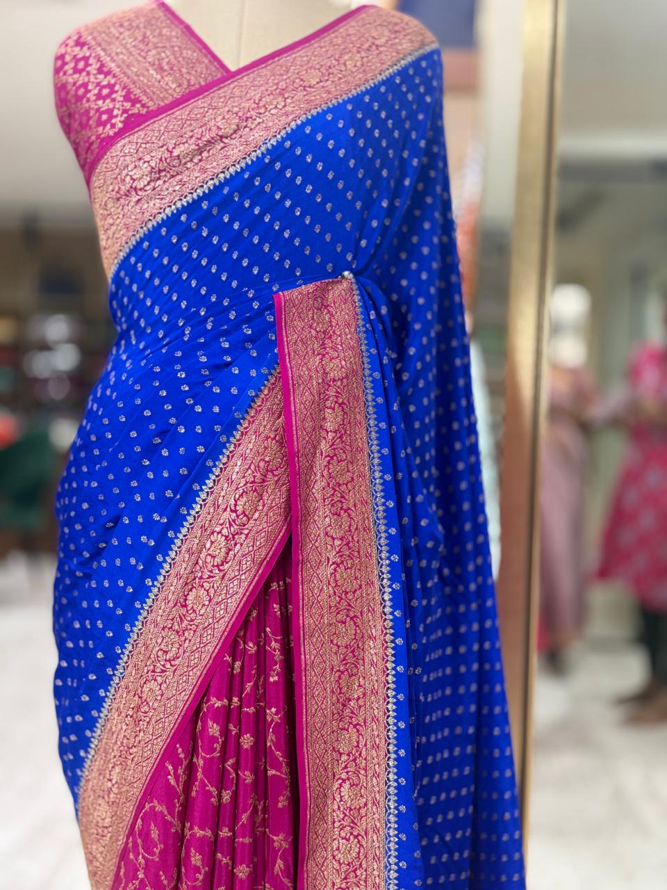 Royal blue n pink partly pallu pure Benarasi crepe silk saree - Image 2