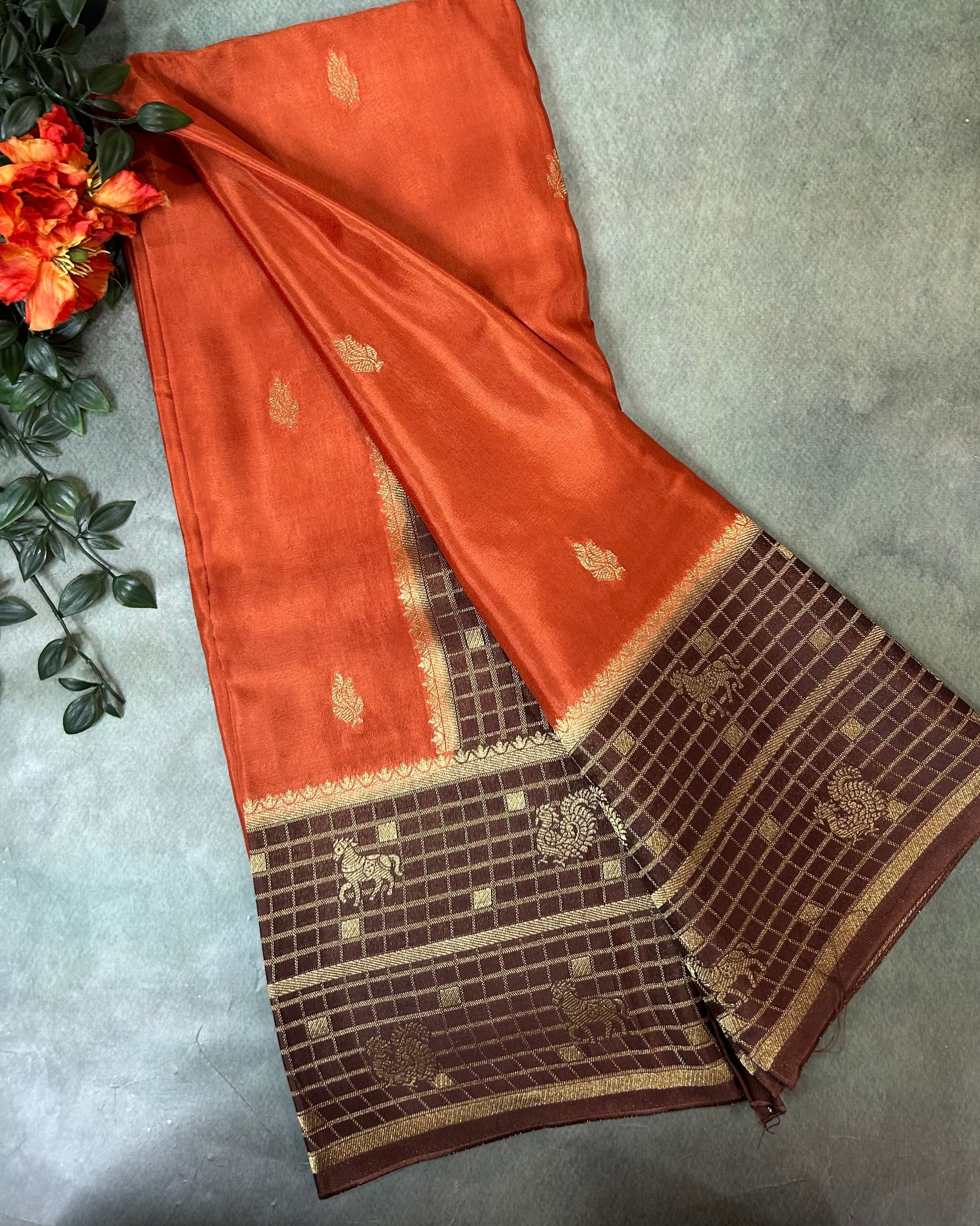 Rust orange Checks border semi Mysore 104 saree - Image 2