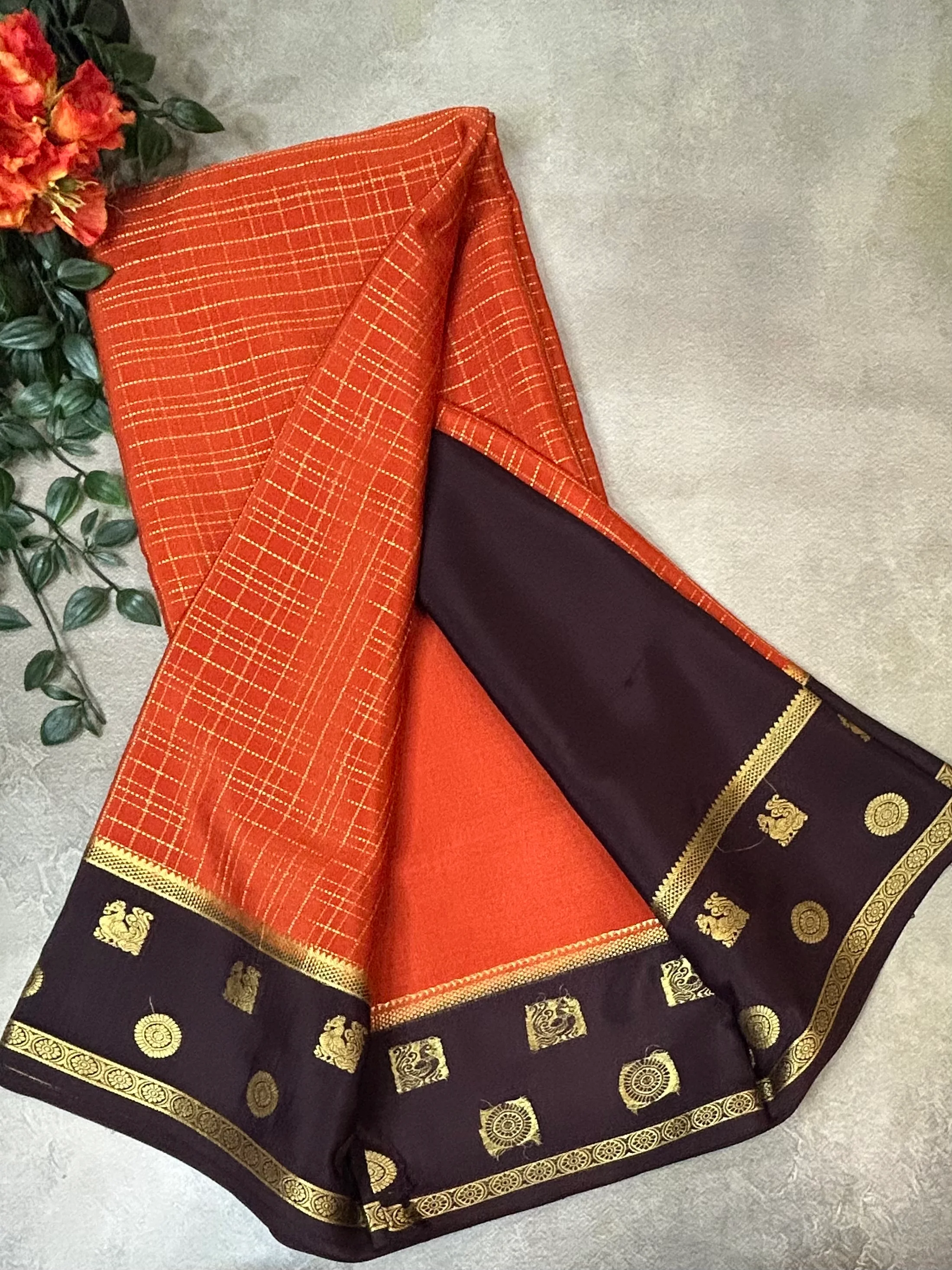 Rust orange checks n bentex pure Mysore silk 104 saree - Image 3