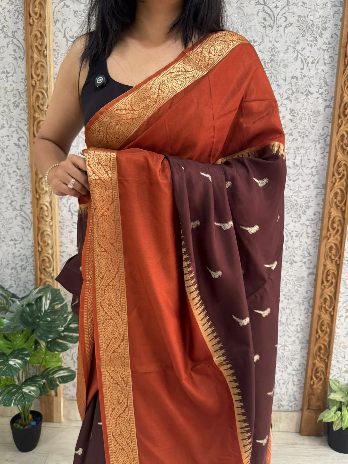 Rust orange n wine premium semi mysore-12 crepe saree - Image 2